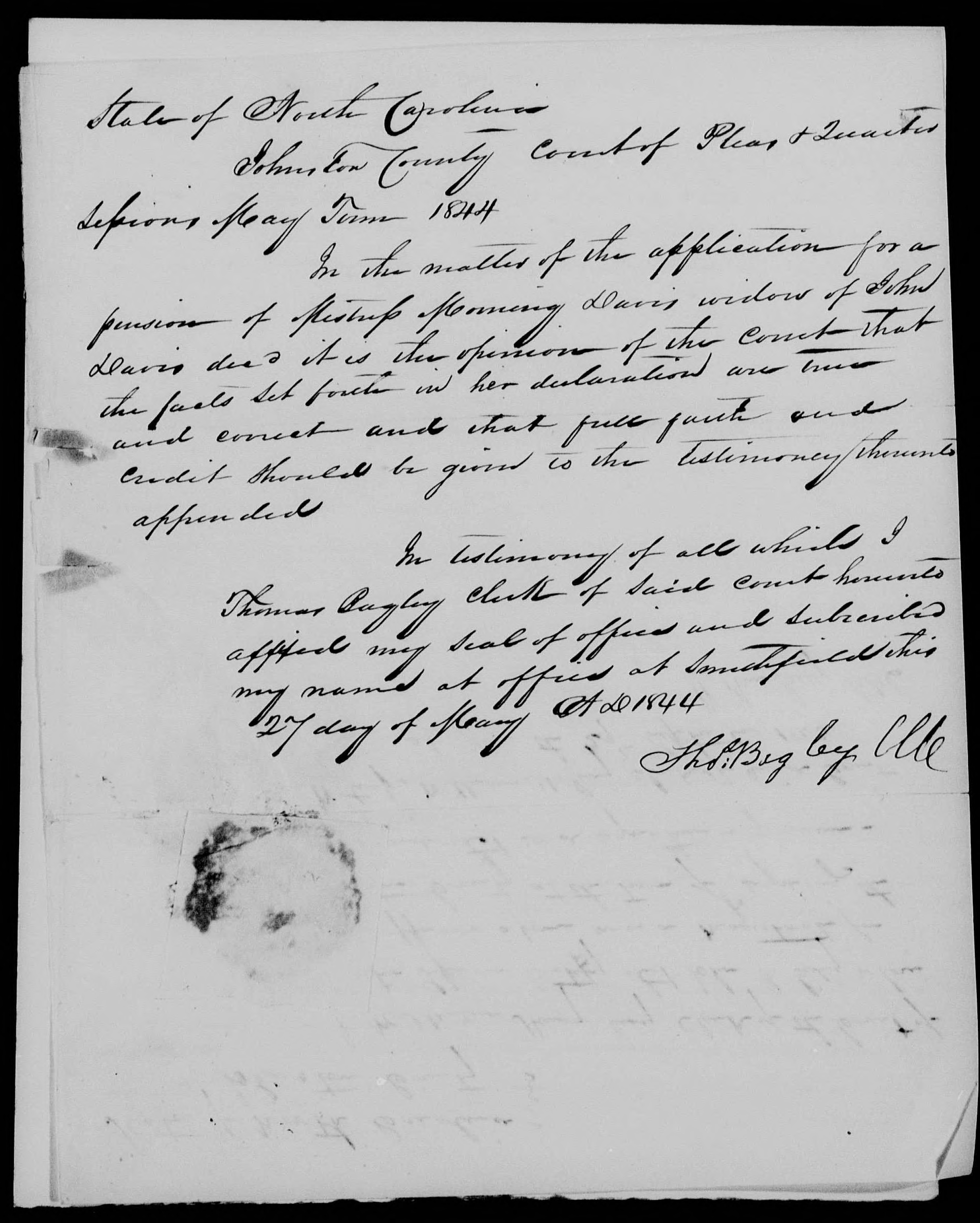 Certificate of the Johnston Court Court for Mourning Davis' Pension Claim, 27 May 1844