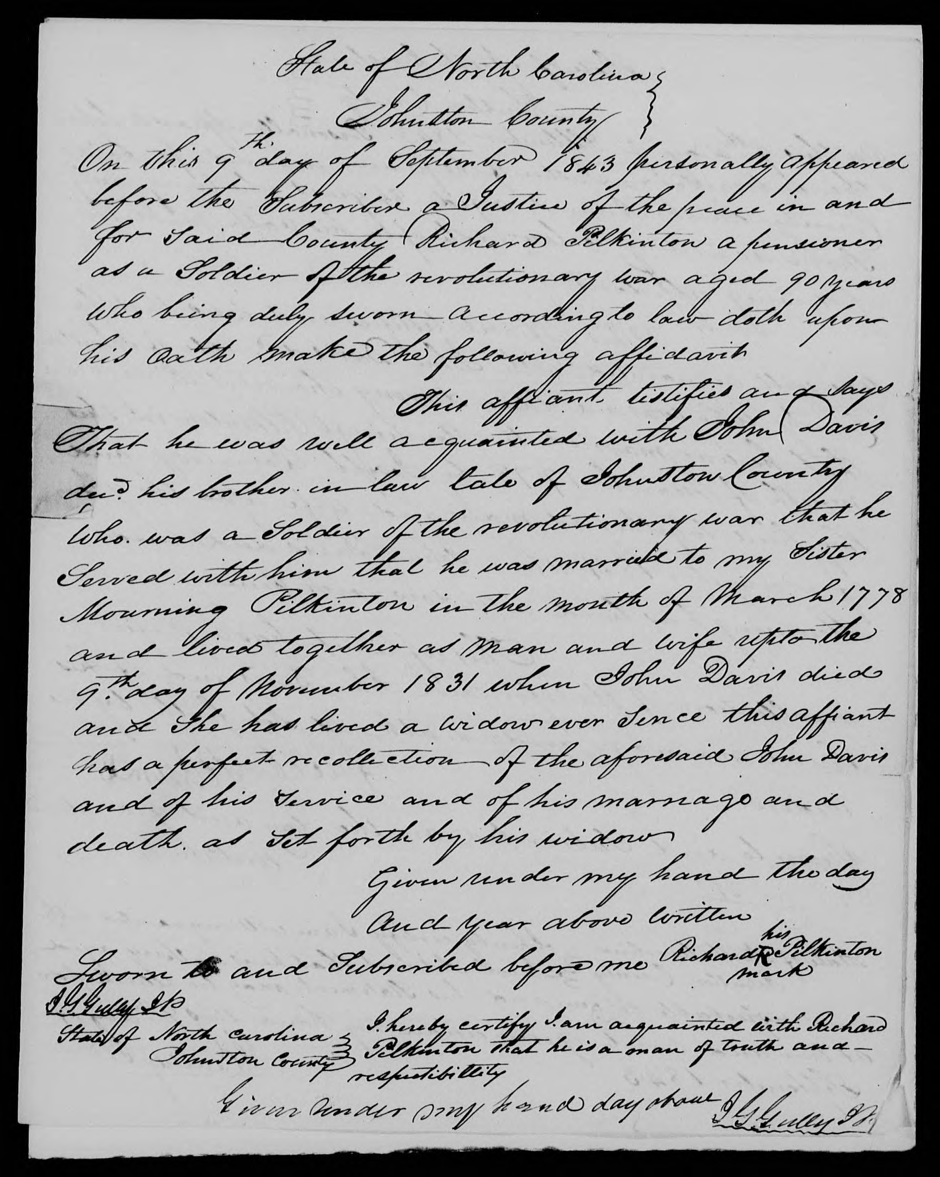 Affidavit of Richard Pilkinton in support of a Pension Claim for Mourning Davis, 9 September 1843