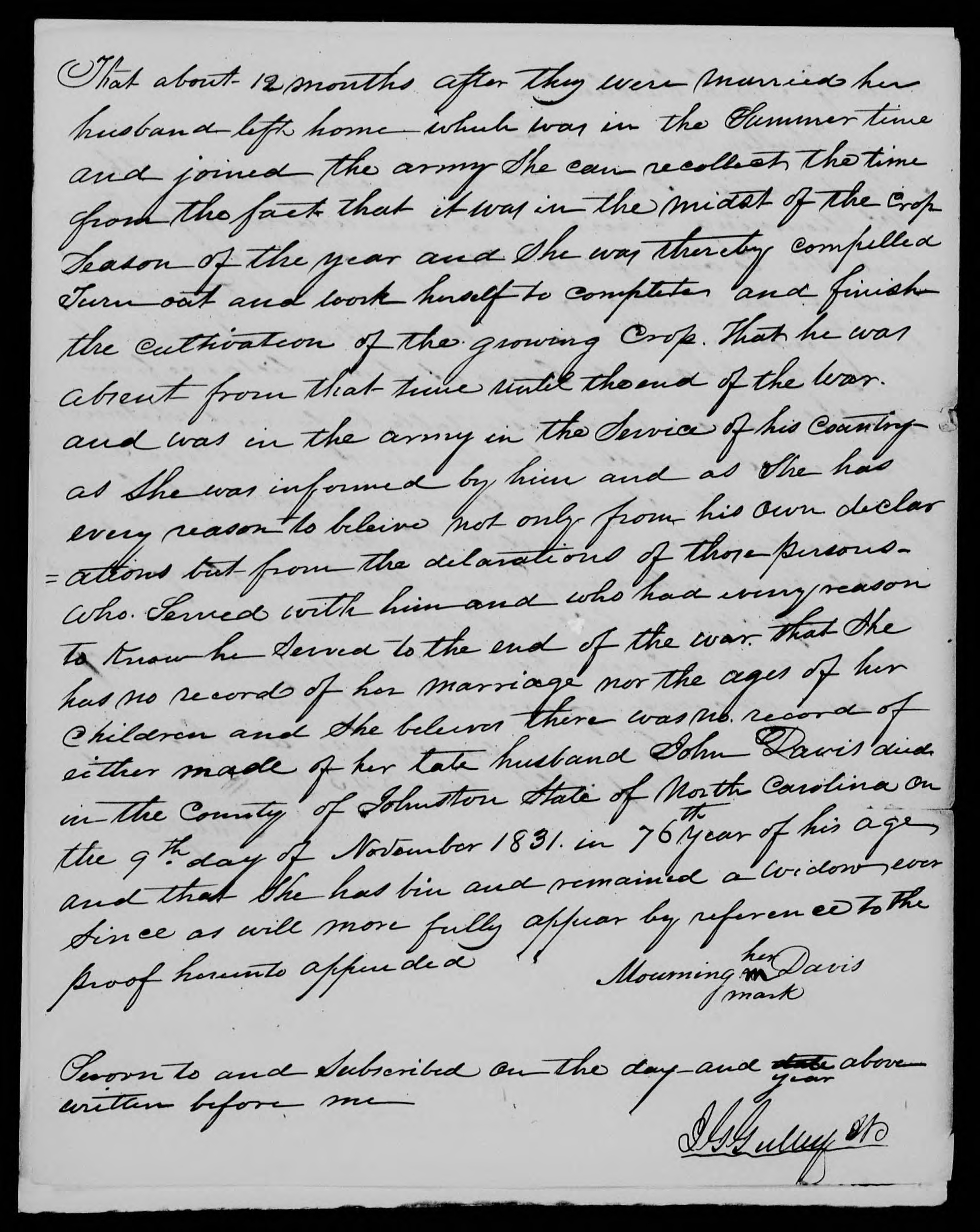 Application for a Widow's Pension from Mourning Davis, 4 September 1843, page 1