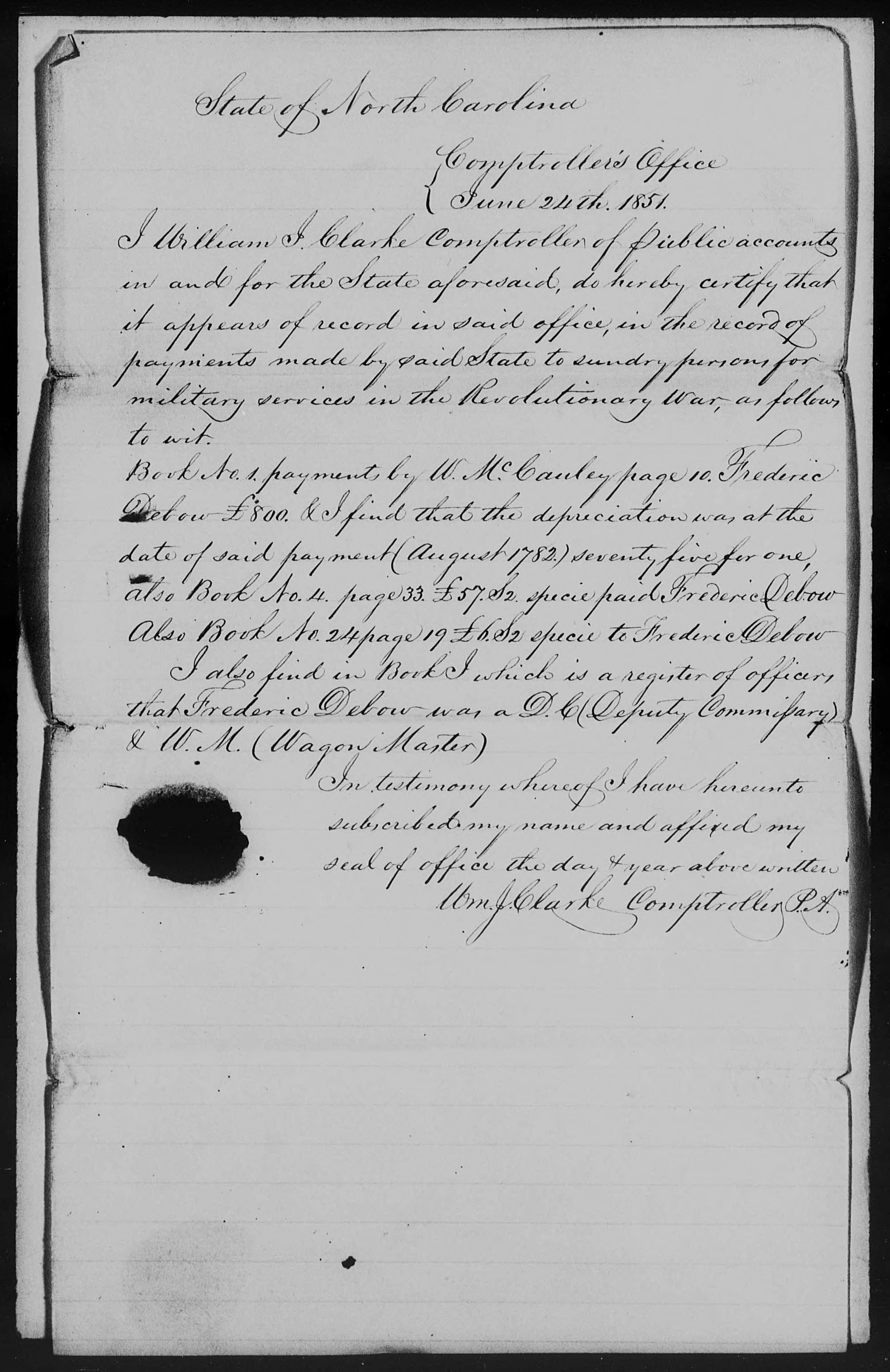 Proof of Service for William J. Clarke, 24 June 1851, page 1