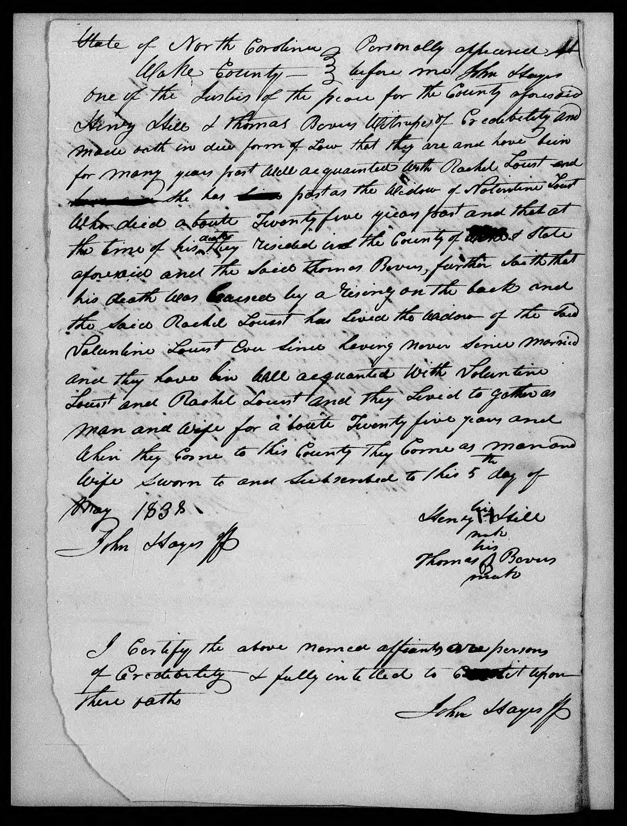 Affidavit of Henry Hill and Thomas Bevers in support of a Pension Claim for Rachel Locus, 5 May 1838, page 1