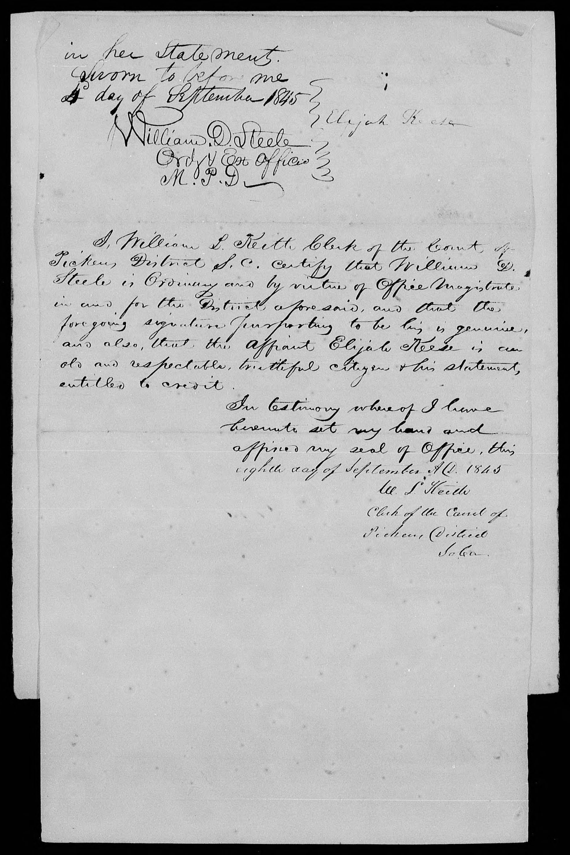 Affidavit of Elijah Keese in support of a Pension Claim for Anna Guest, 4 September 1845, page 2