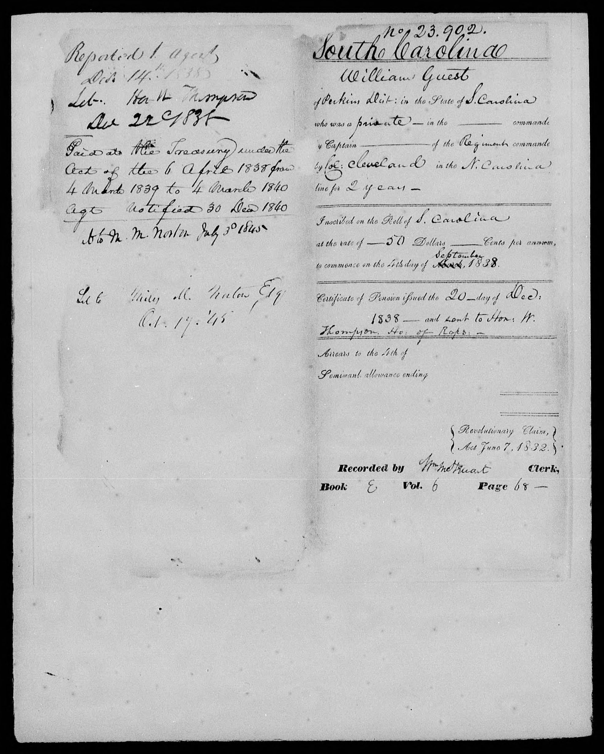 Docket for Pension from the U.S. Pension Office for William Guest, 20 December 1838