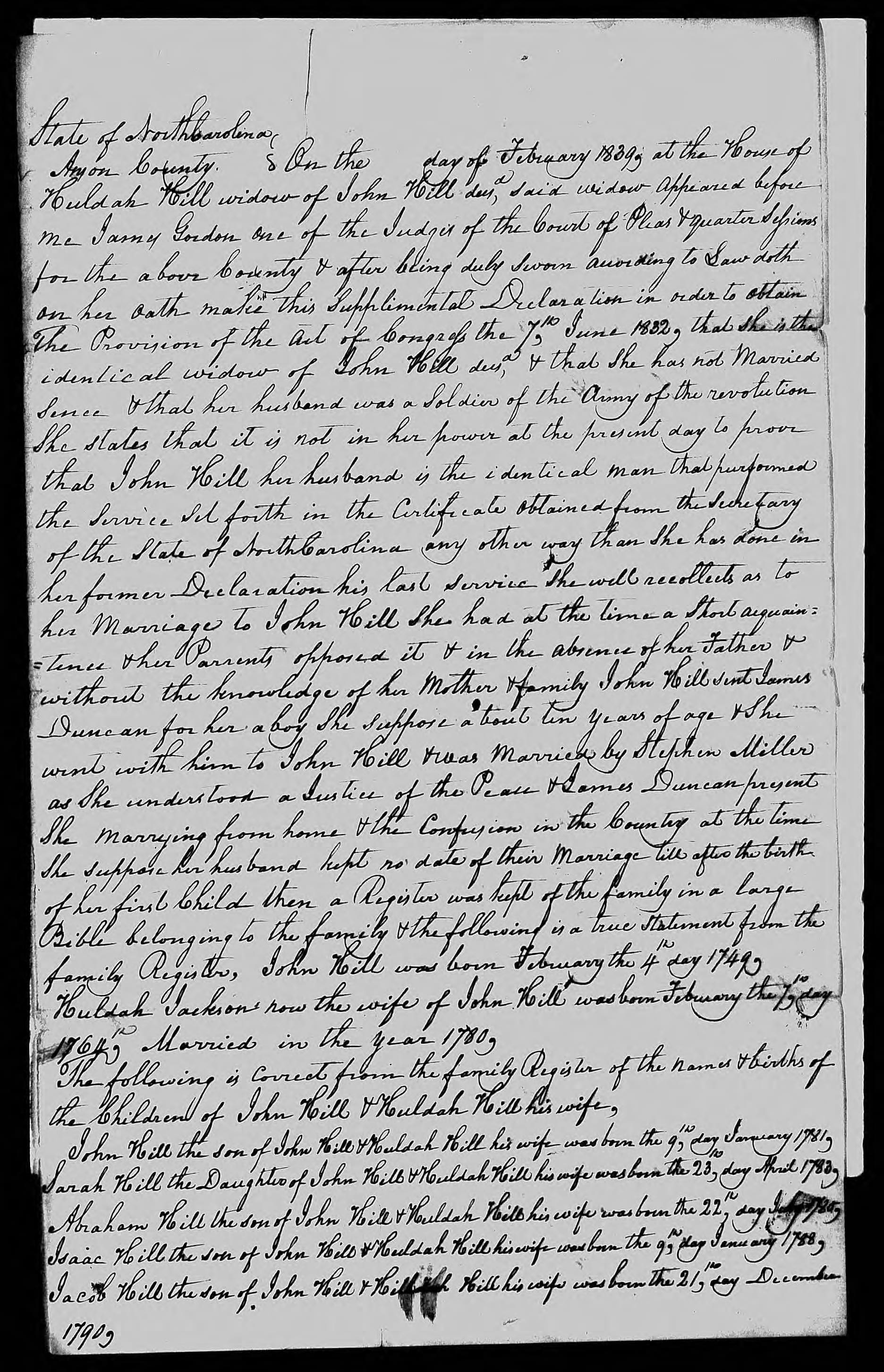 Affidavit of Huldah Hill in support of her Pension Claim, 22 February 1839, page 1