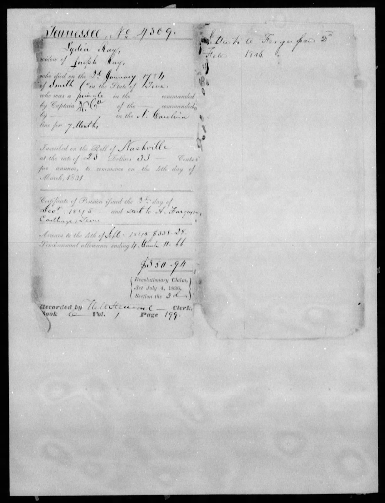 Docket for Pension from the U.S. Pension Office for Lydia Ray, 2 December 1845
