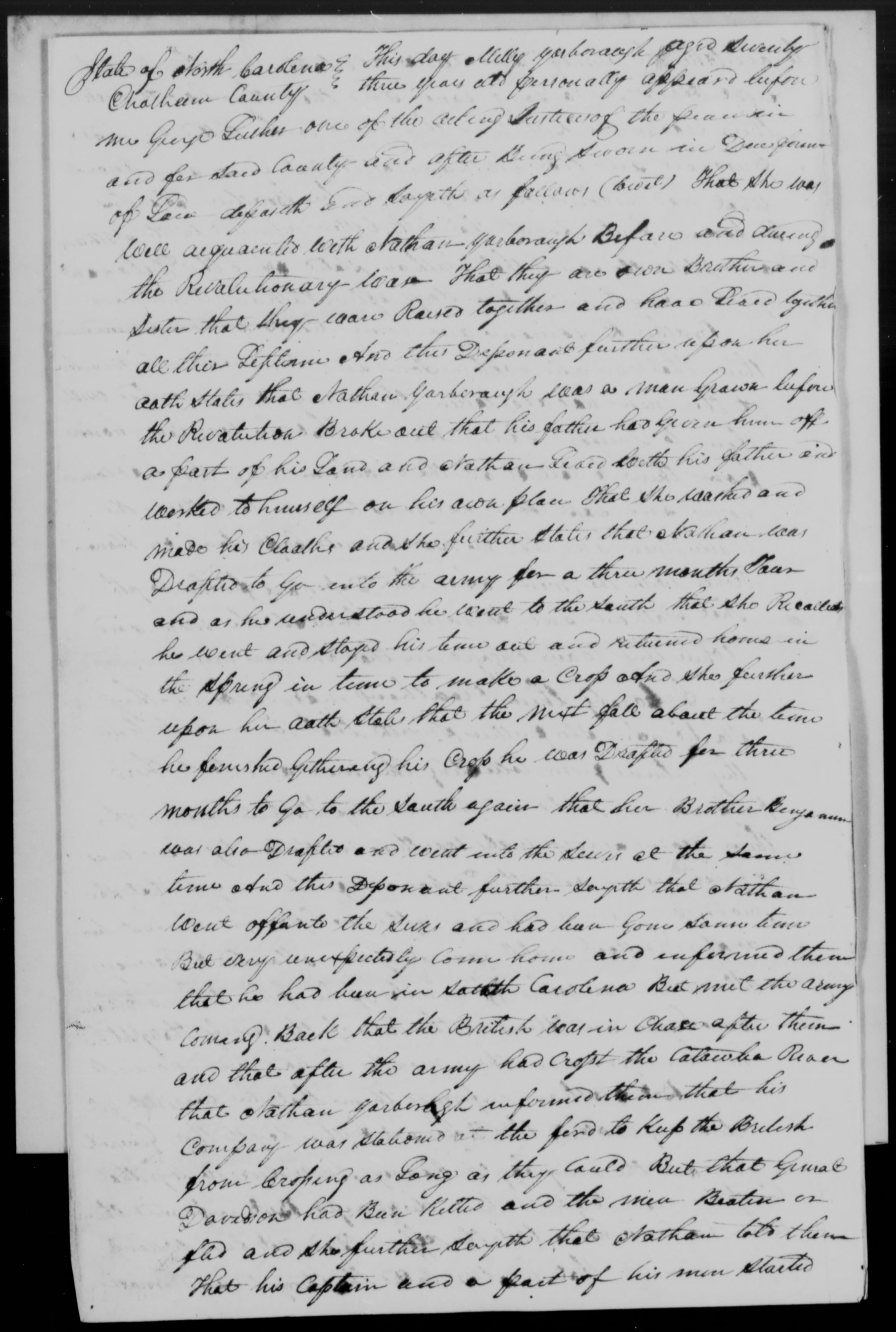 Affidavit of Milly Yarborough in support of a Pension Claim for Nathan Yarborough, 5 August 1833, page 1