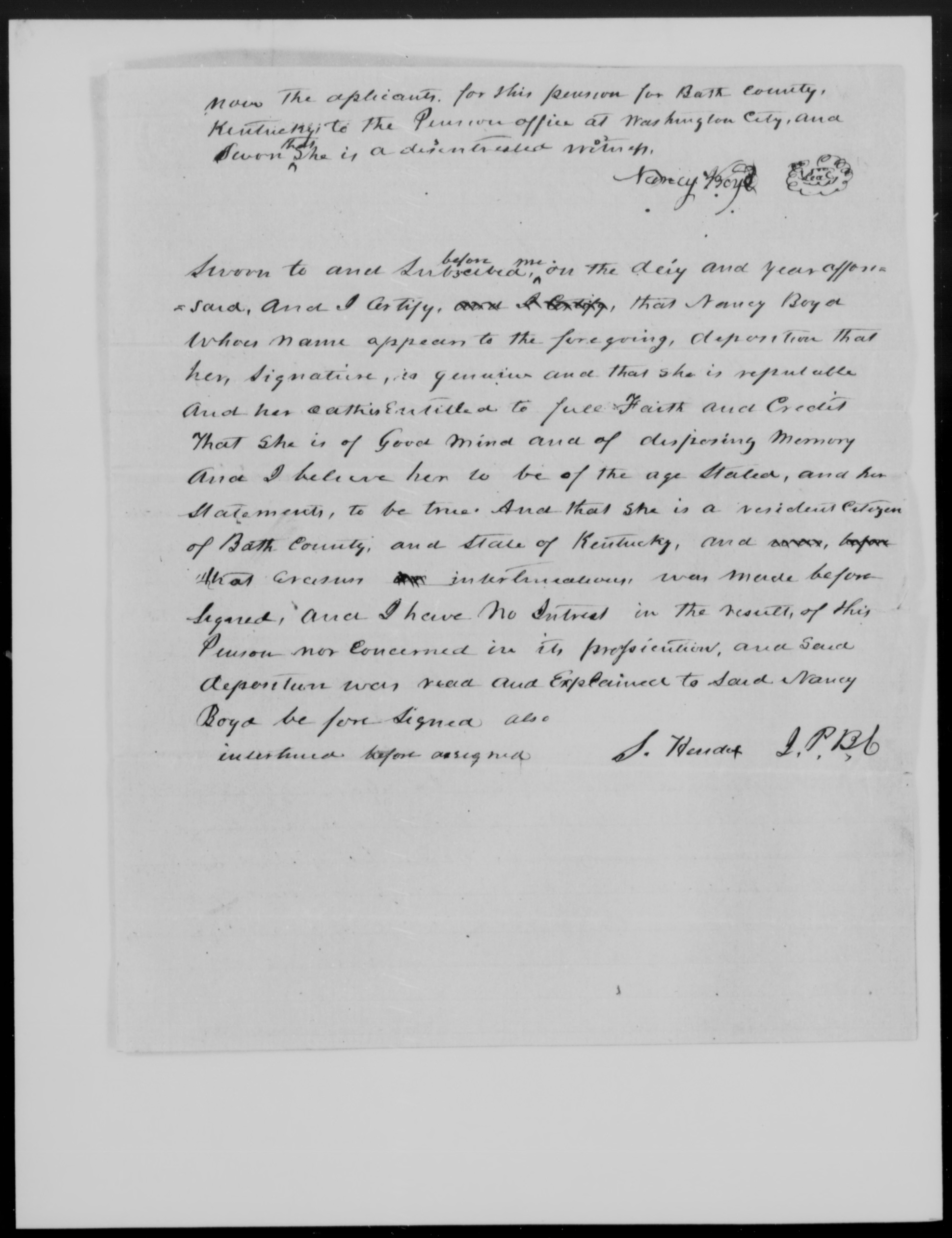 Affidavit of Nancy Boyd in support of a Pension Claim for Mary Yarborough, 24 January 1854, page 3