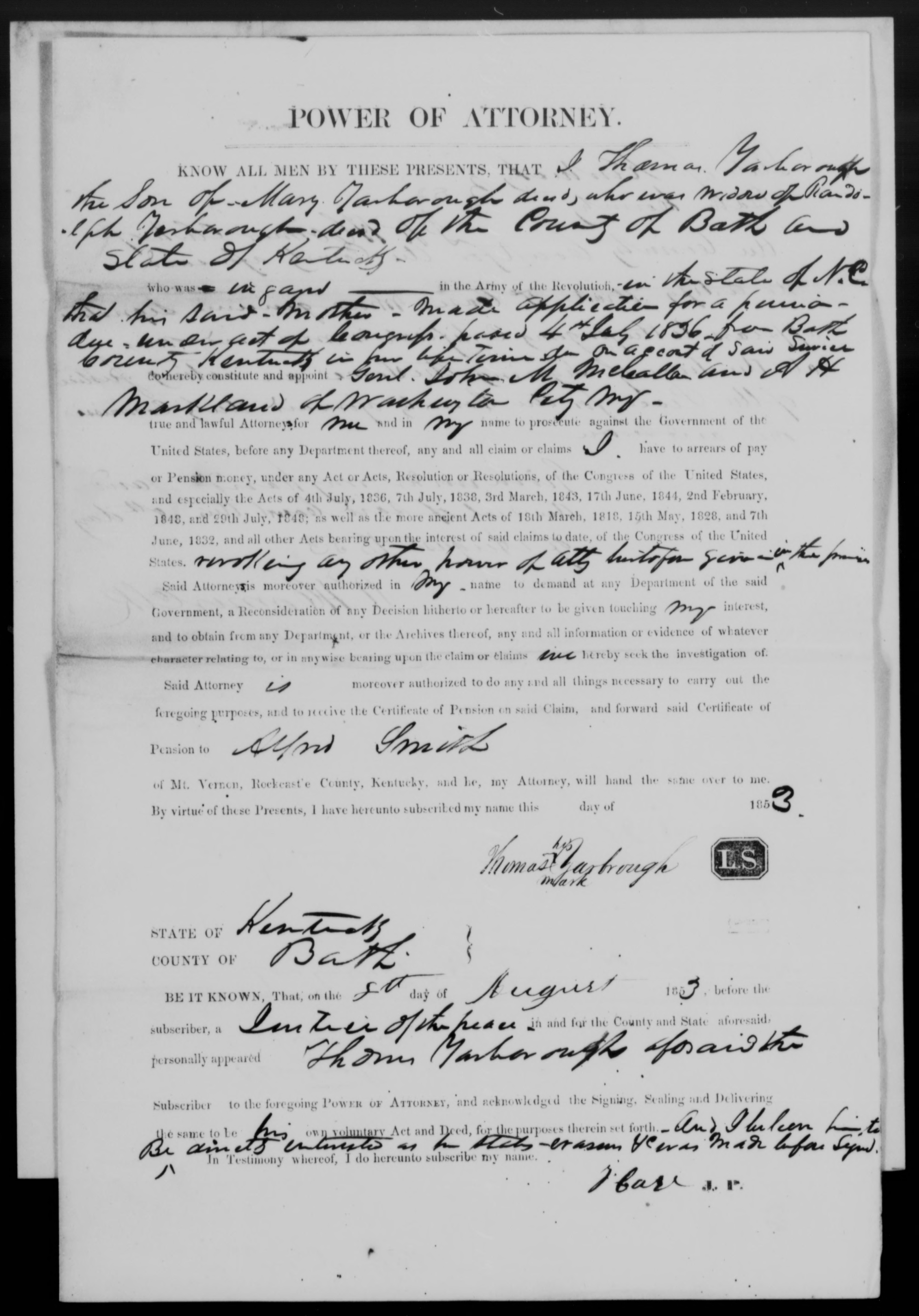 Appointment of John M. McCalla and A. H. Markland as Thomas Yarborough's Power of Attorney, 8 August 1853, page 1