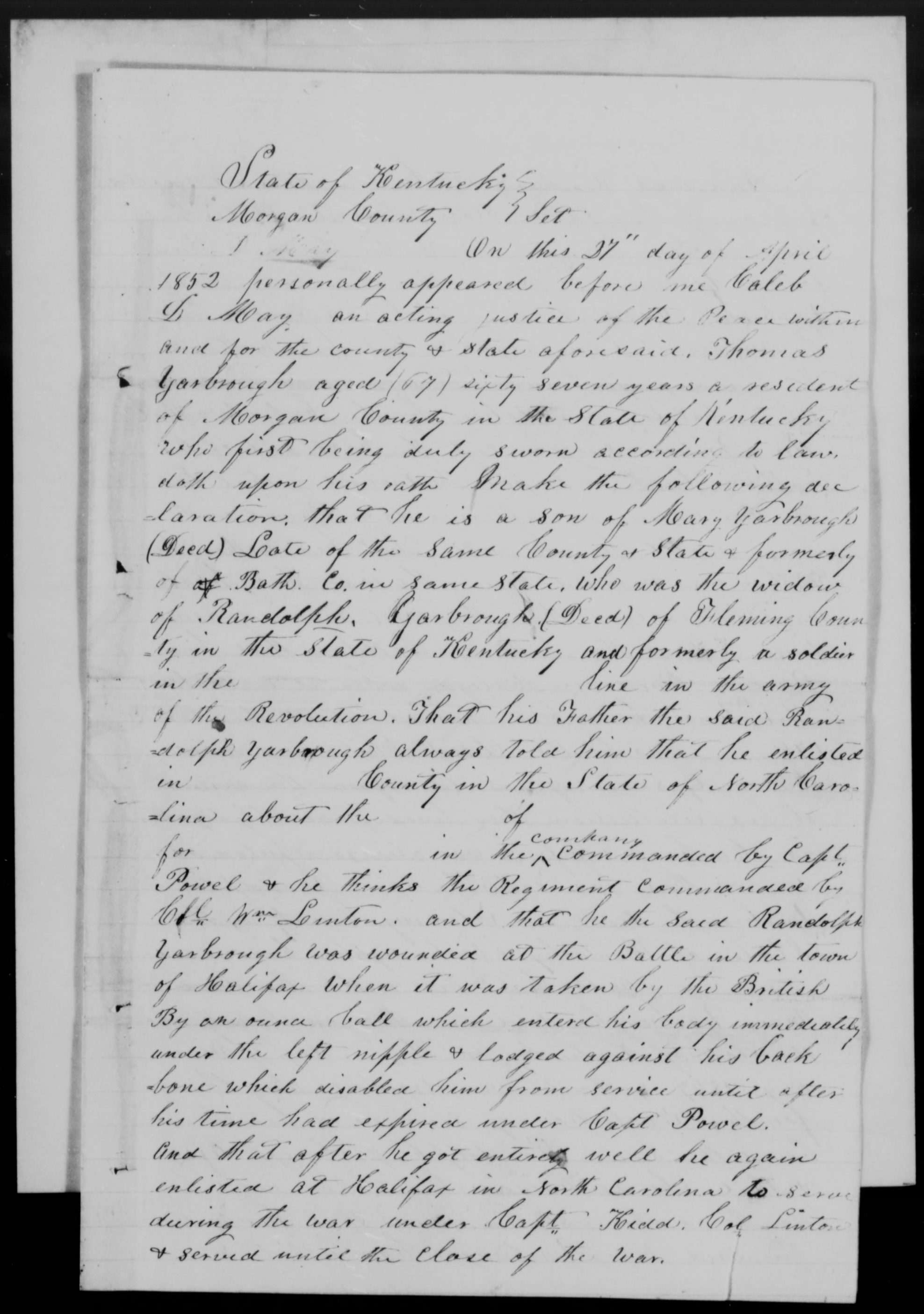 Affidavit of Thomas Yarborough in support of a Pension Claim for Mary Yarborough, 27 April 1852, page 1