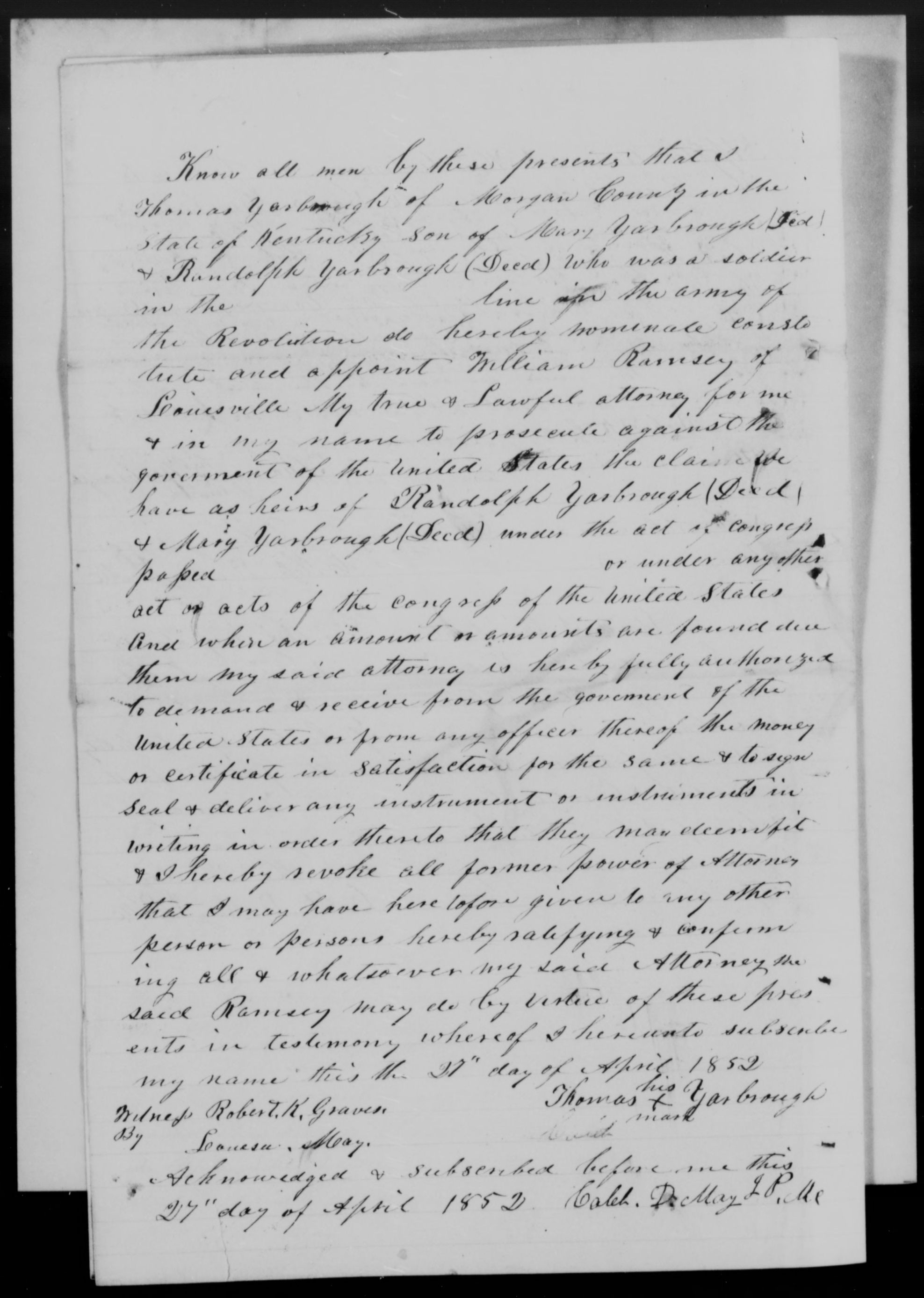 Appointment of William Ramsey as Thomas Yarborough's Power of Attorney, 27 April 1852