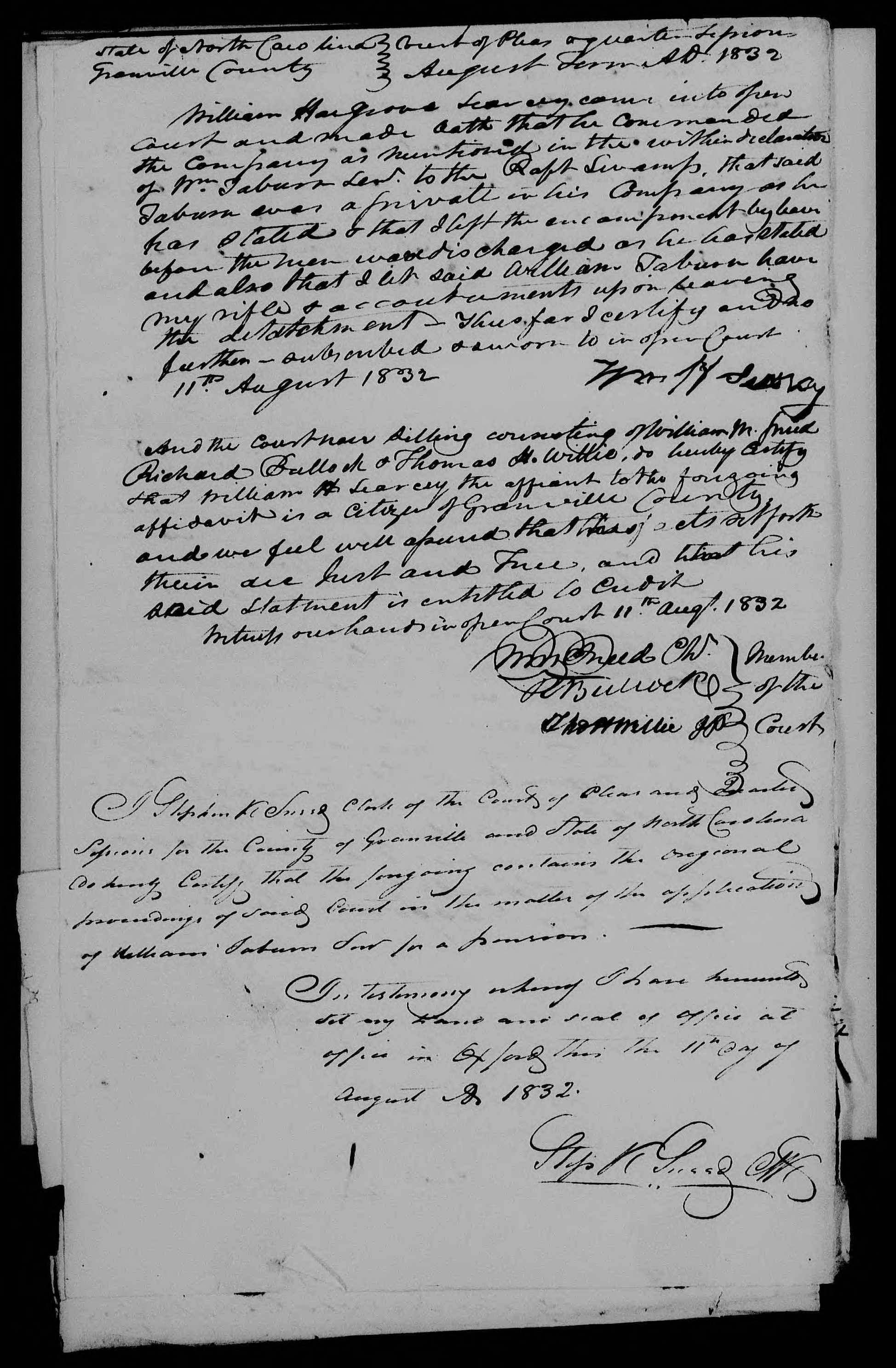 Affidavit of William Henry Searcy in support of a Pension Claim for William Taburn, 11 August 1832