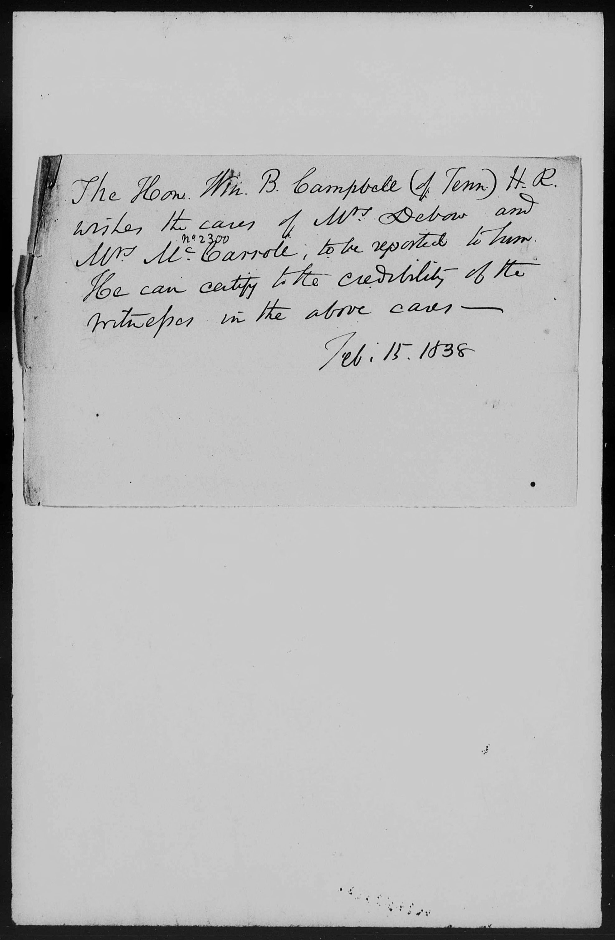 Order from William B. Campbell on the Pension Claim of Rachel Debow, 15 February 1838, page 1