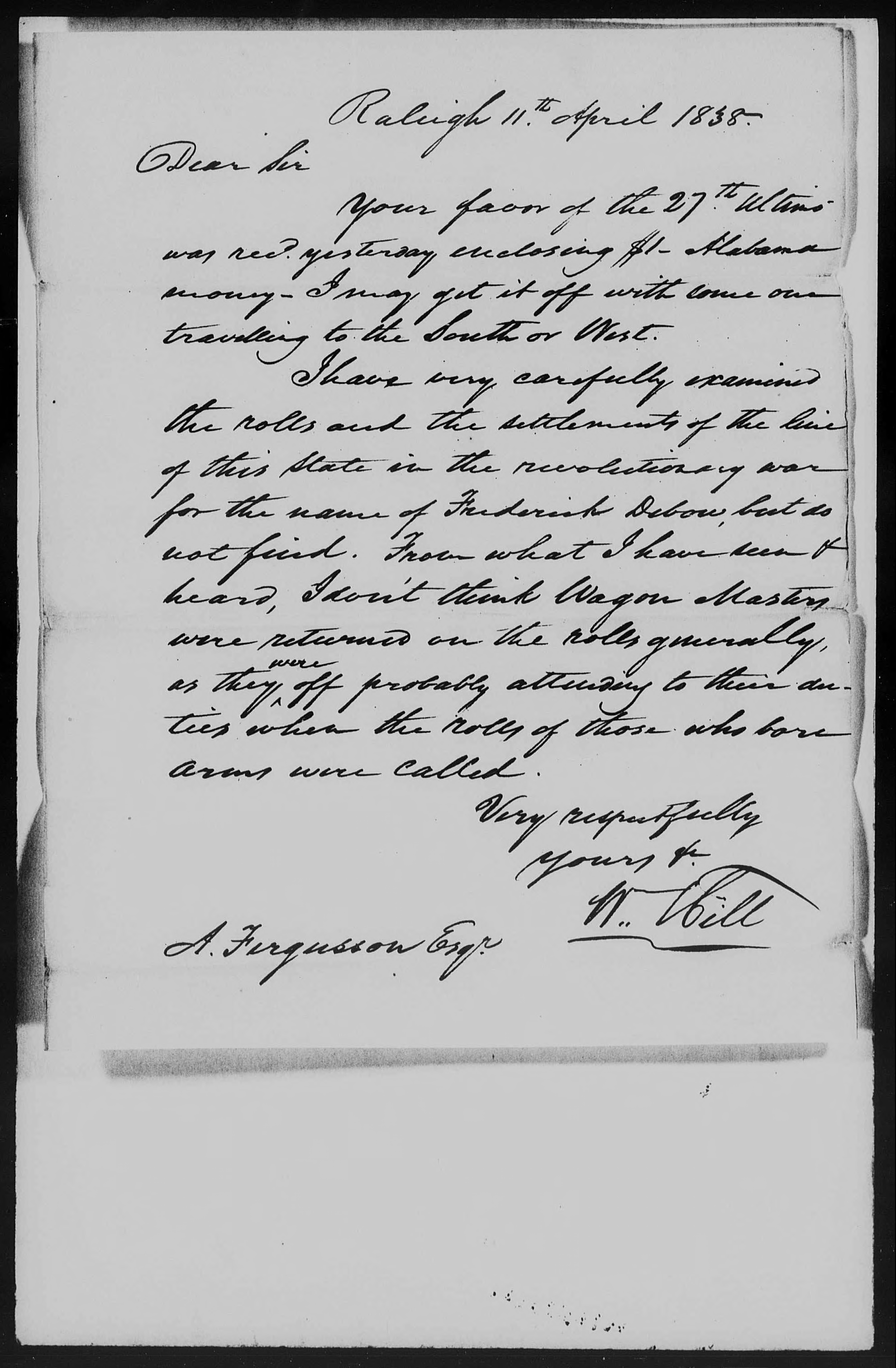 Letter from William Hill to Adam Ferguson, 11 April 1838, page 1