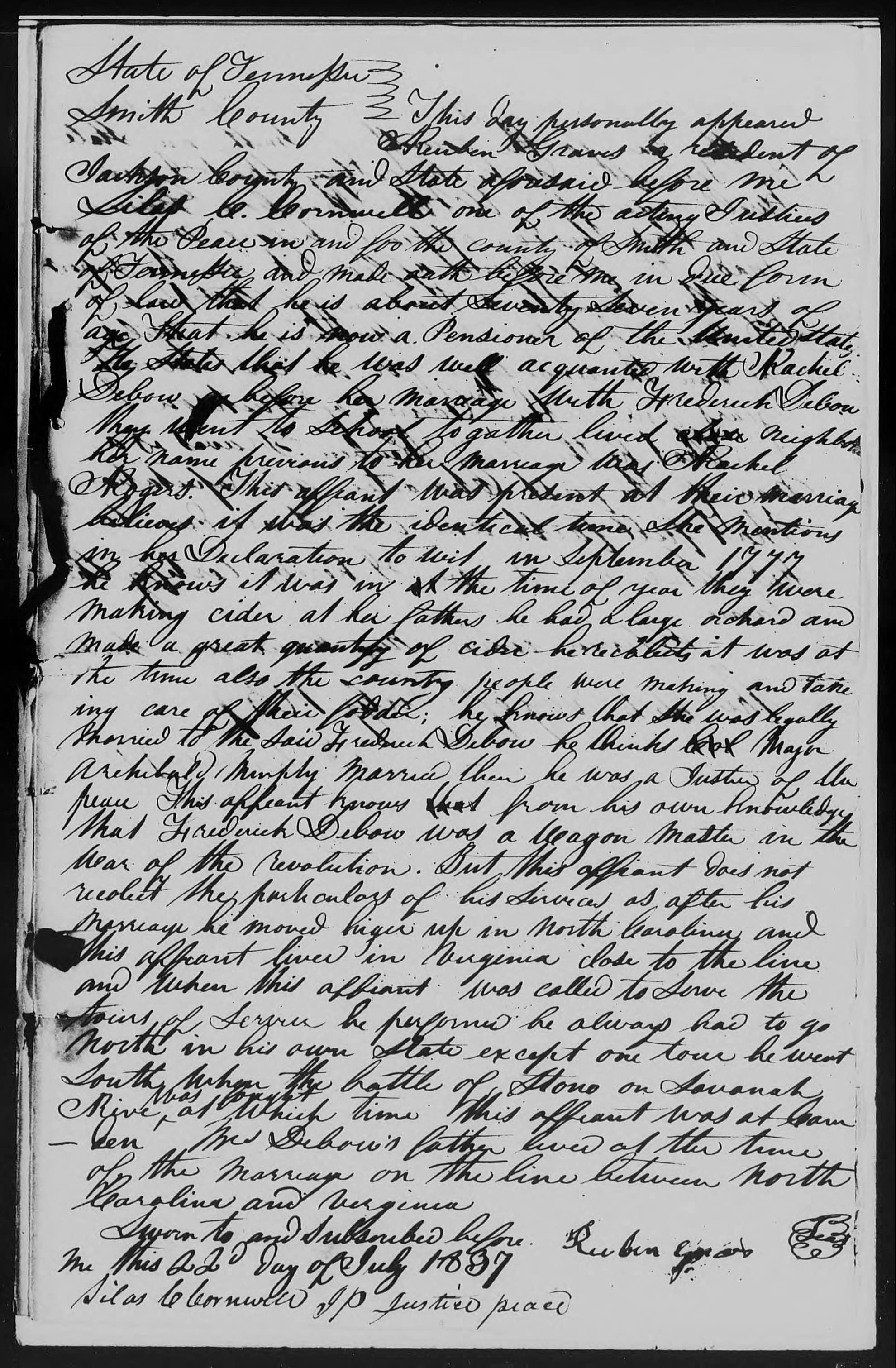 Affidavit of Reuben Graves in support of a Pension Claim for Rachel Debow, 22 July 1837, page 1