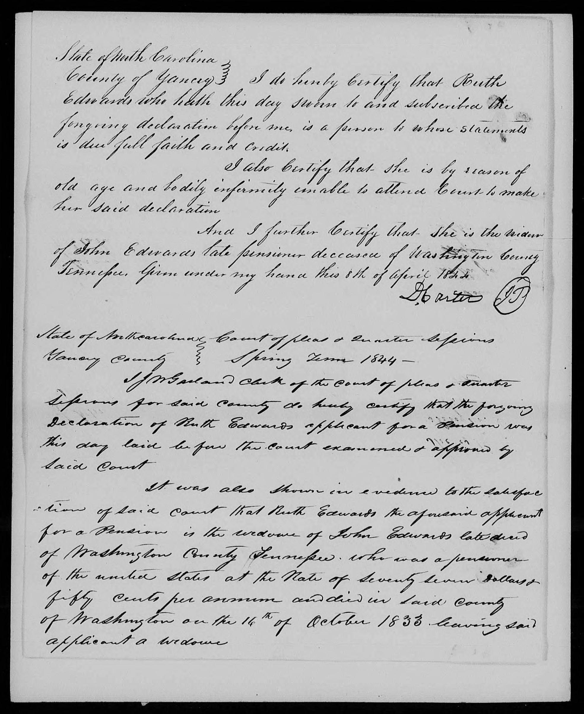 Application for a Widow's Pension from Ruth Edwards, 8 April 1833, page 2