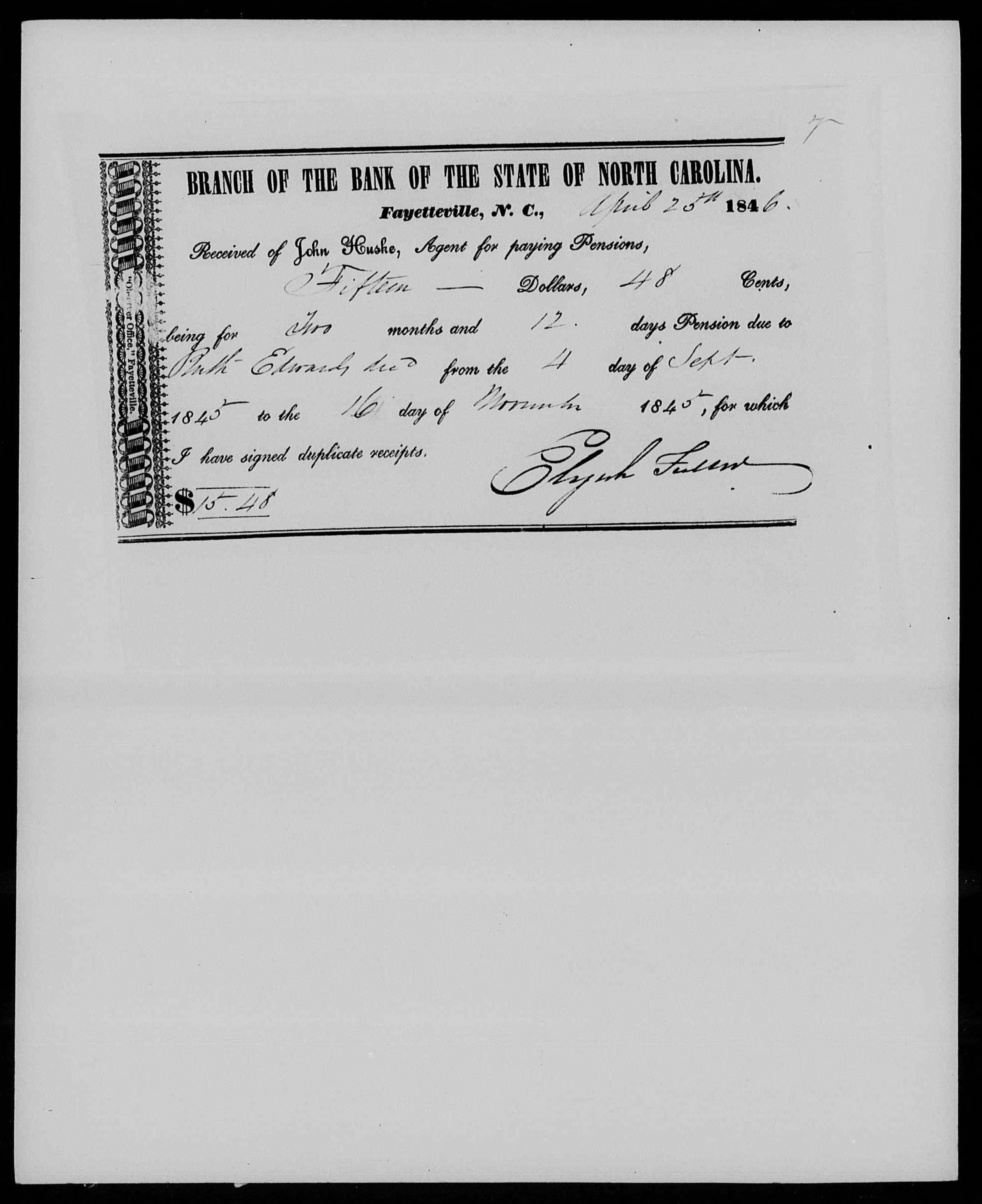 Receipt for Ruth Edwards from John Huske to Elijah Fuller, 25 April 1846