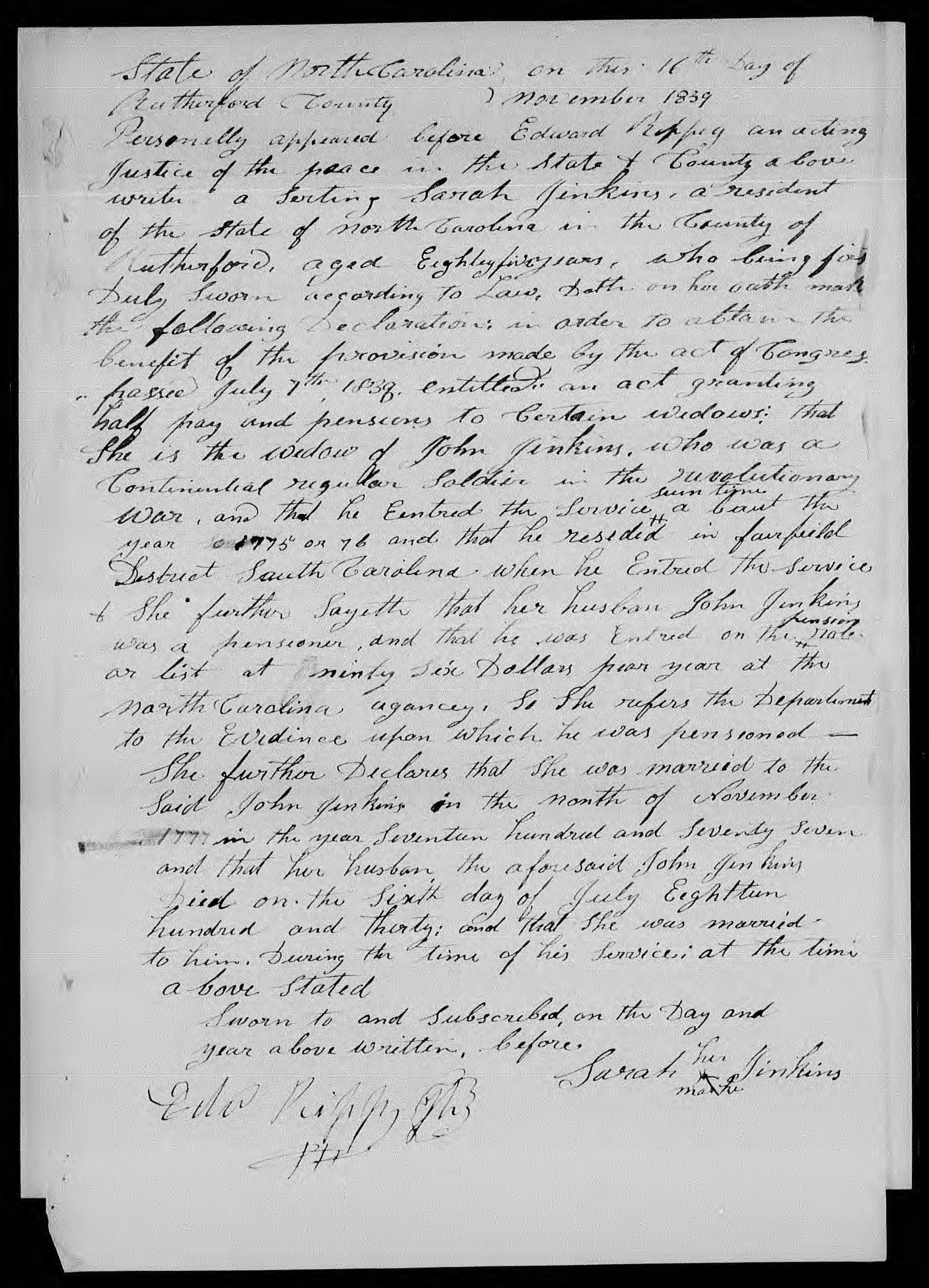 Application for a Widow's Pension from Sarah Jenkins, 16 November 1839, page 1
