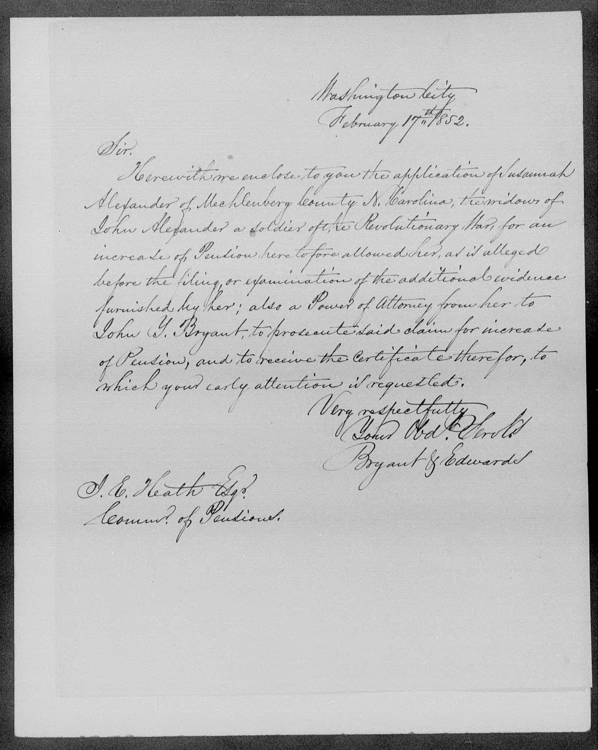 Letter from Bryant and Edwards to James Ewell Heath, 17 February 1852