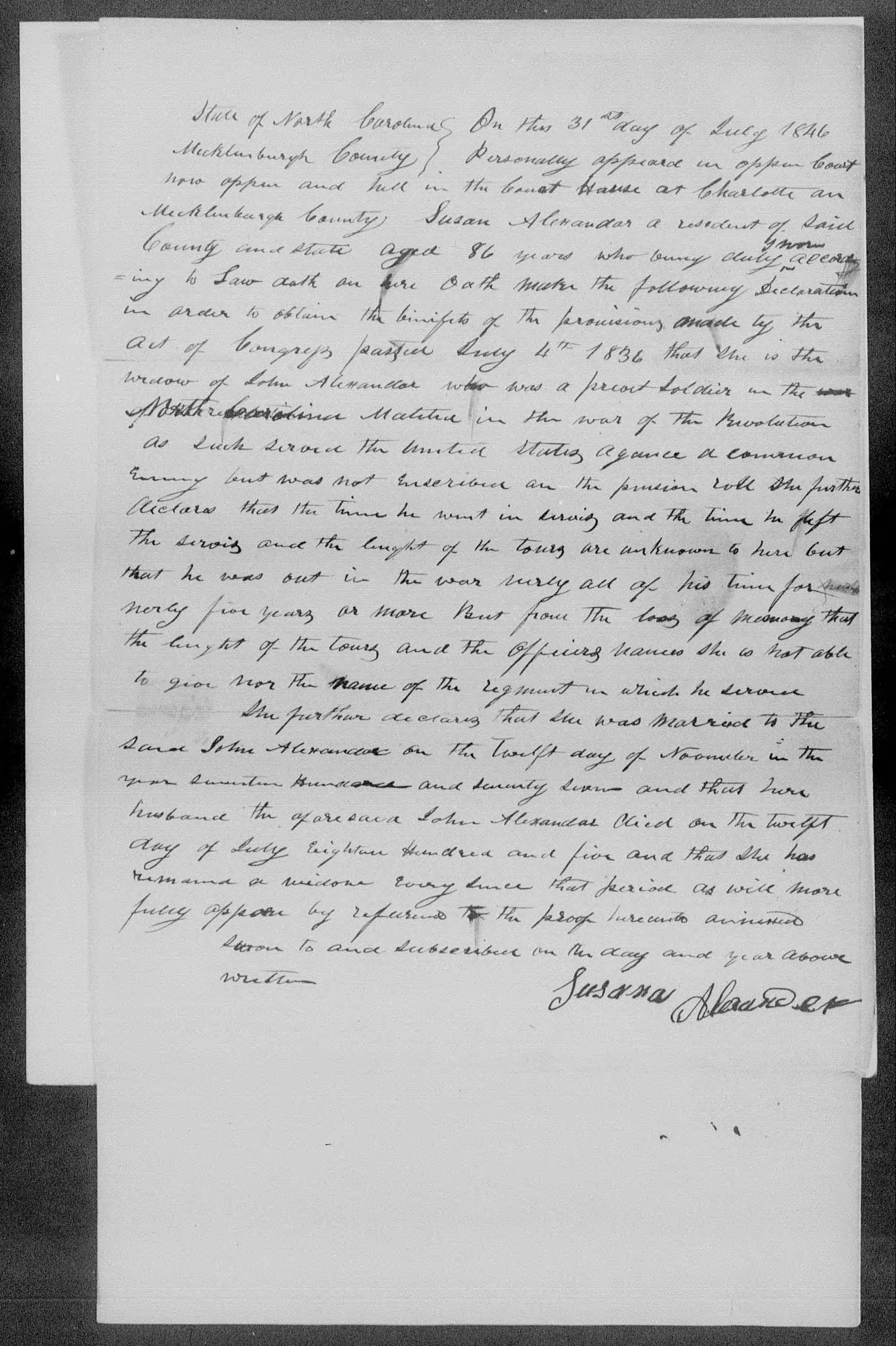 Application for a Widow's Pension from Susana Alexander, 31 July 1846, page 2