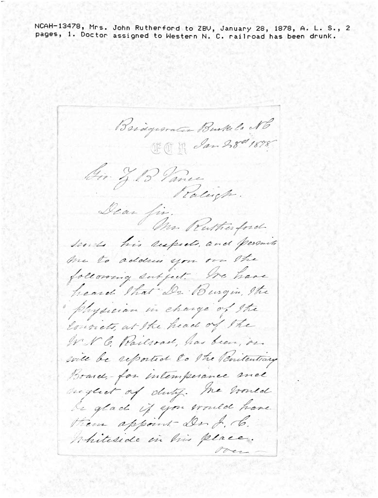 Mrs. John Rutherford to Zebulon B. Vance