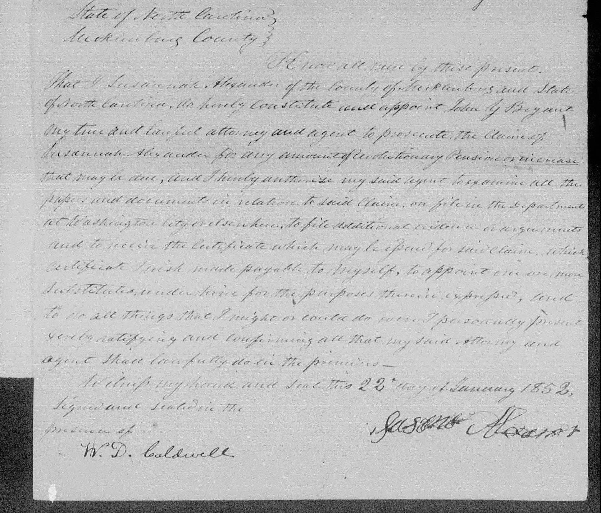 Appointment of John Y. Braynt and Suana Alexander's Power of Attorney, 22 January 1852, page 1