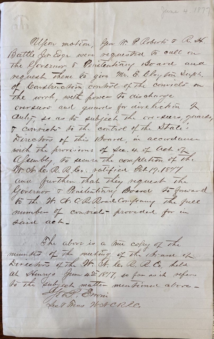 Geo. P. Erwin to Zebulon Vance 4 June 1877