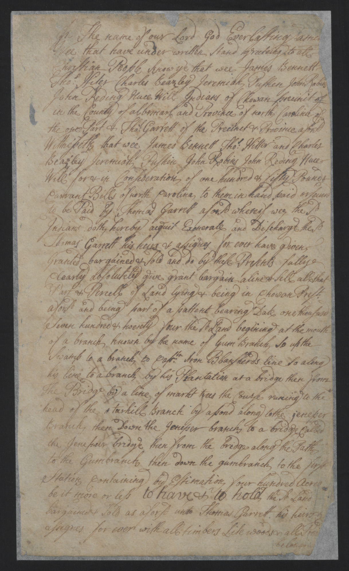 Land Sale from James Bennett and Chowan Indains to Thomas Garrett, 7 April 1734, page 1