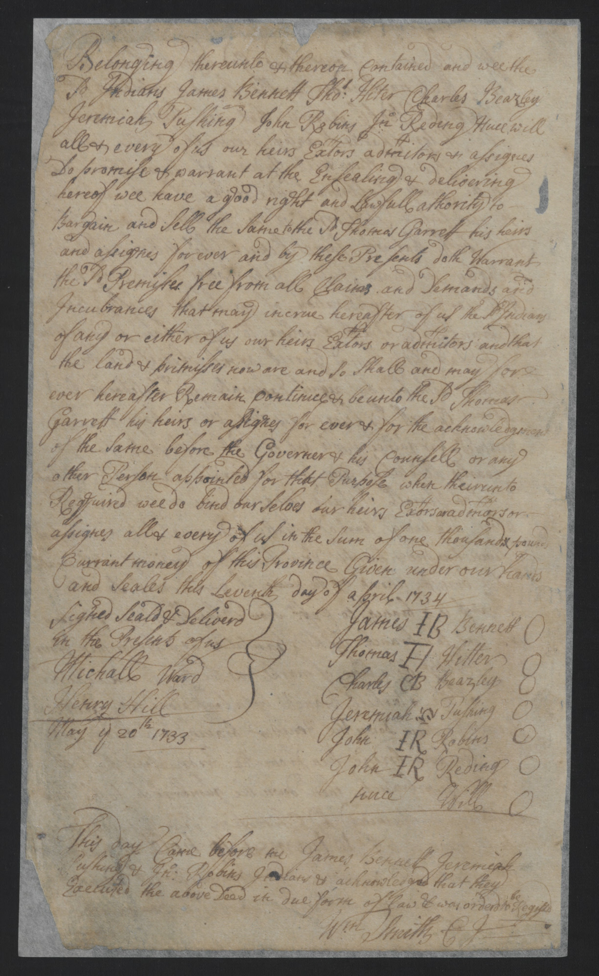 Land Sale from James Bennett and Chowan Indains to Thomas Garrett, 7 April 1734, page 2