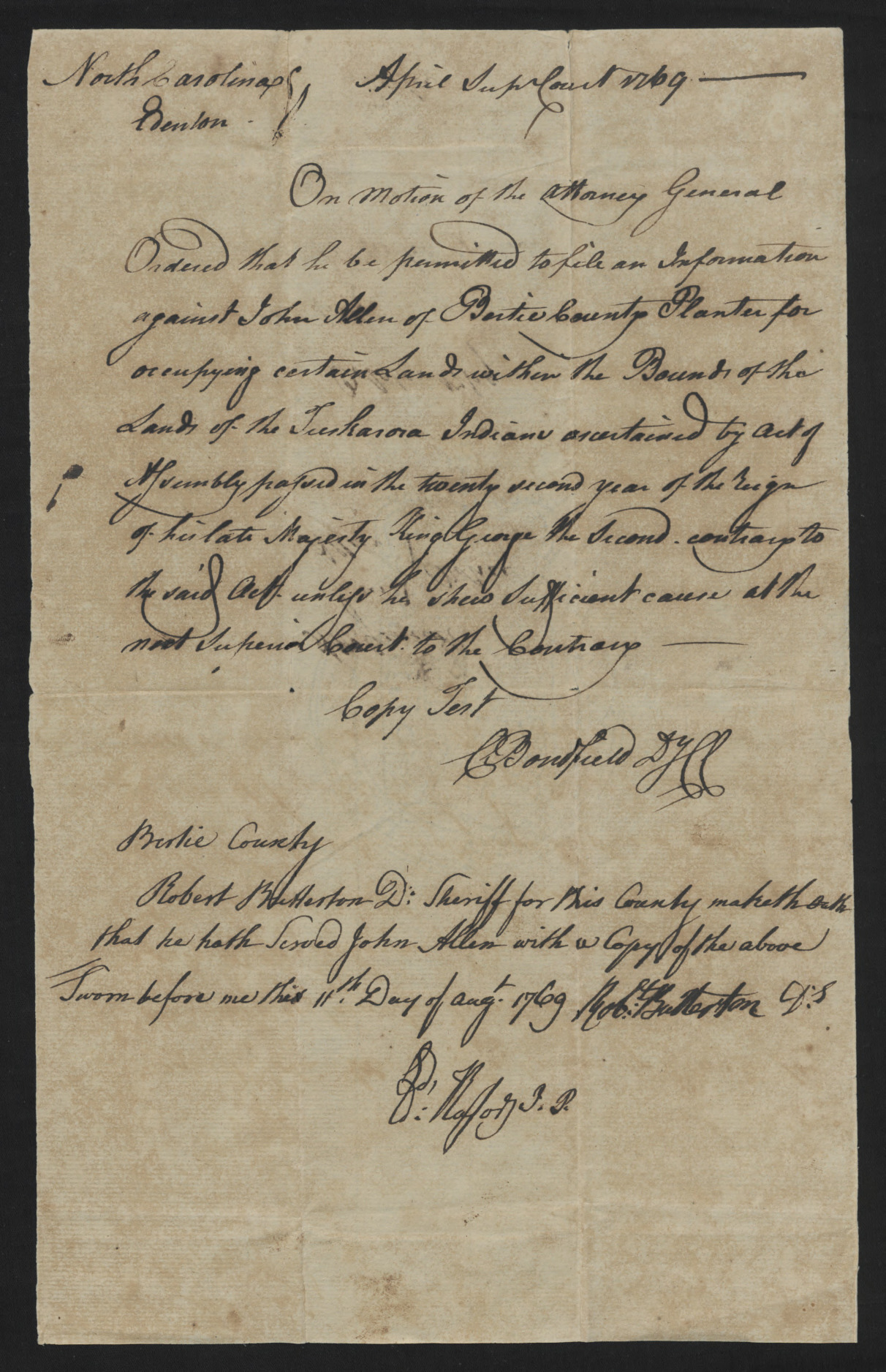 Information Against John Allen for Occupying Tuscarora Land, April 1769, page 1