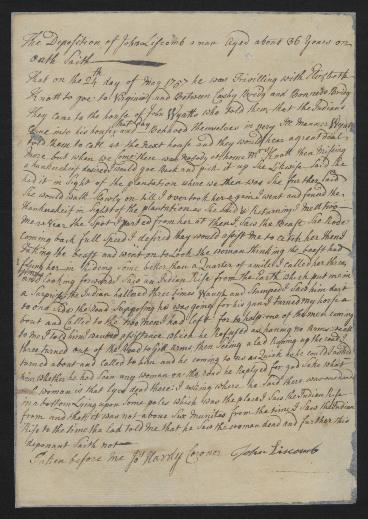 Deposition of John Lipcomb, June 1757, page 1