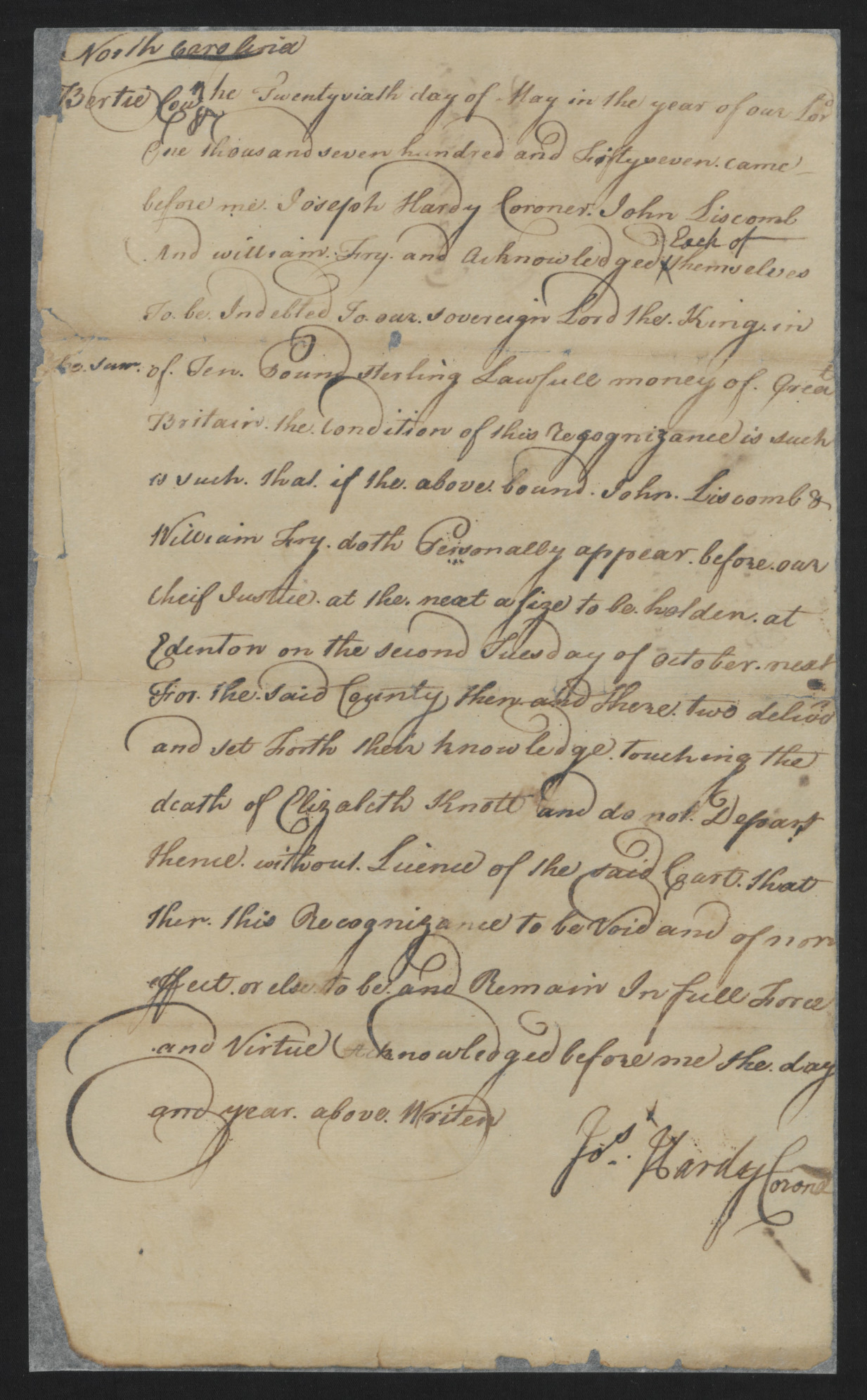 Bond of Recognizance for John Lipcomb and William Fry, 26 May 1750, page 1