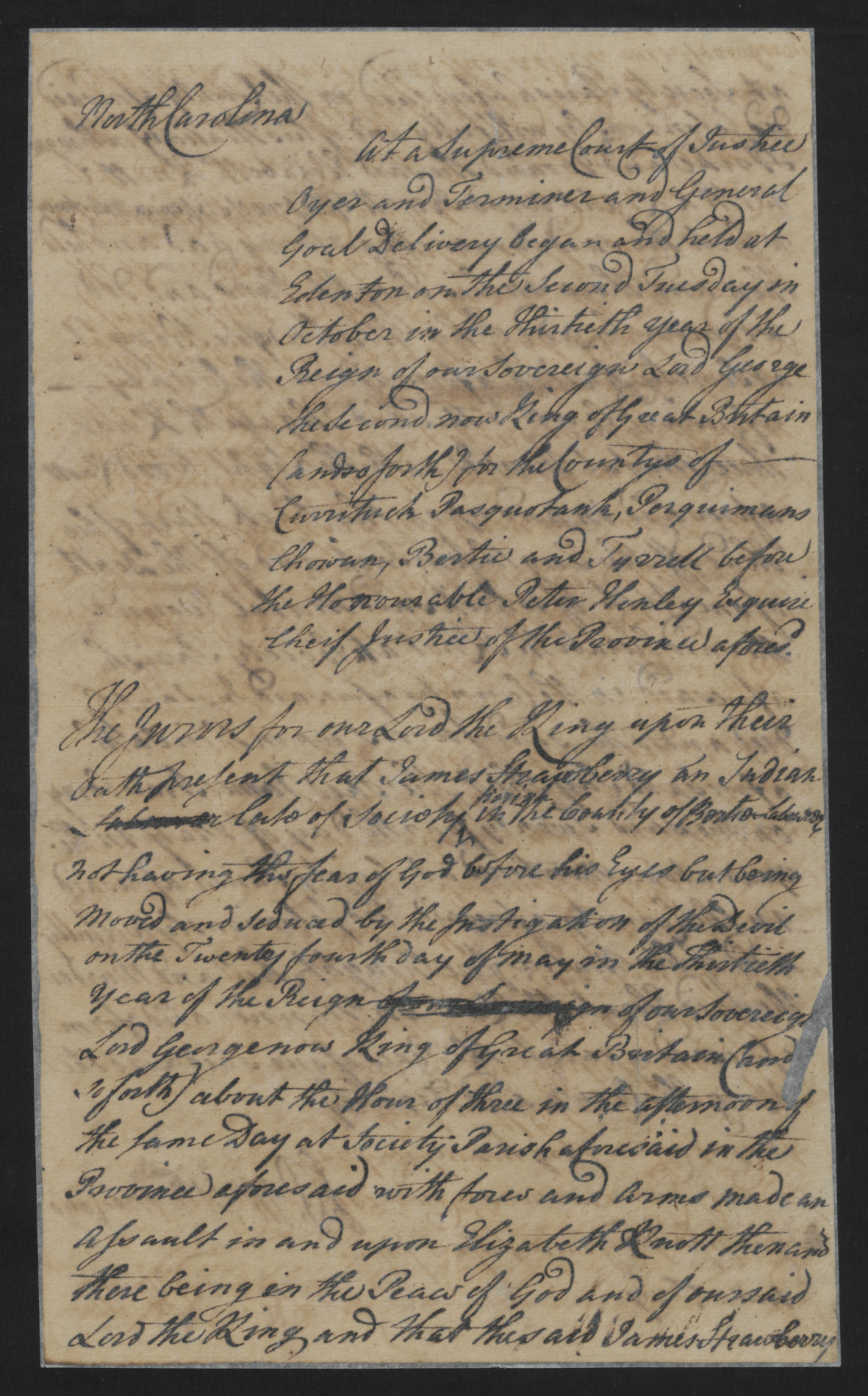 Indictment Against James Strawberry, October 1757, page 1