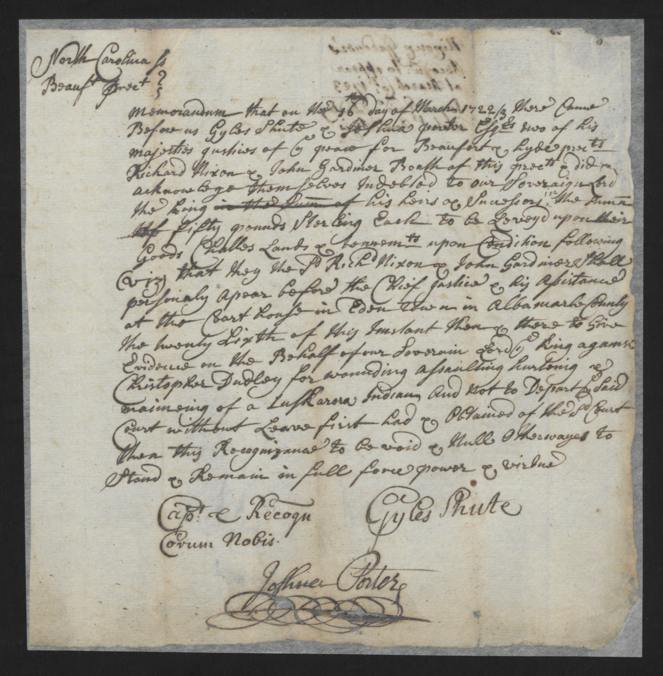 Bond of Recognizance for Richard Nixon and John Gardiner, 16 March 1722, page 1