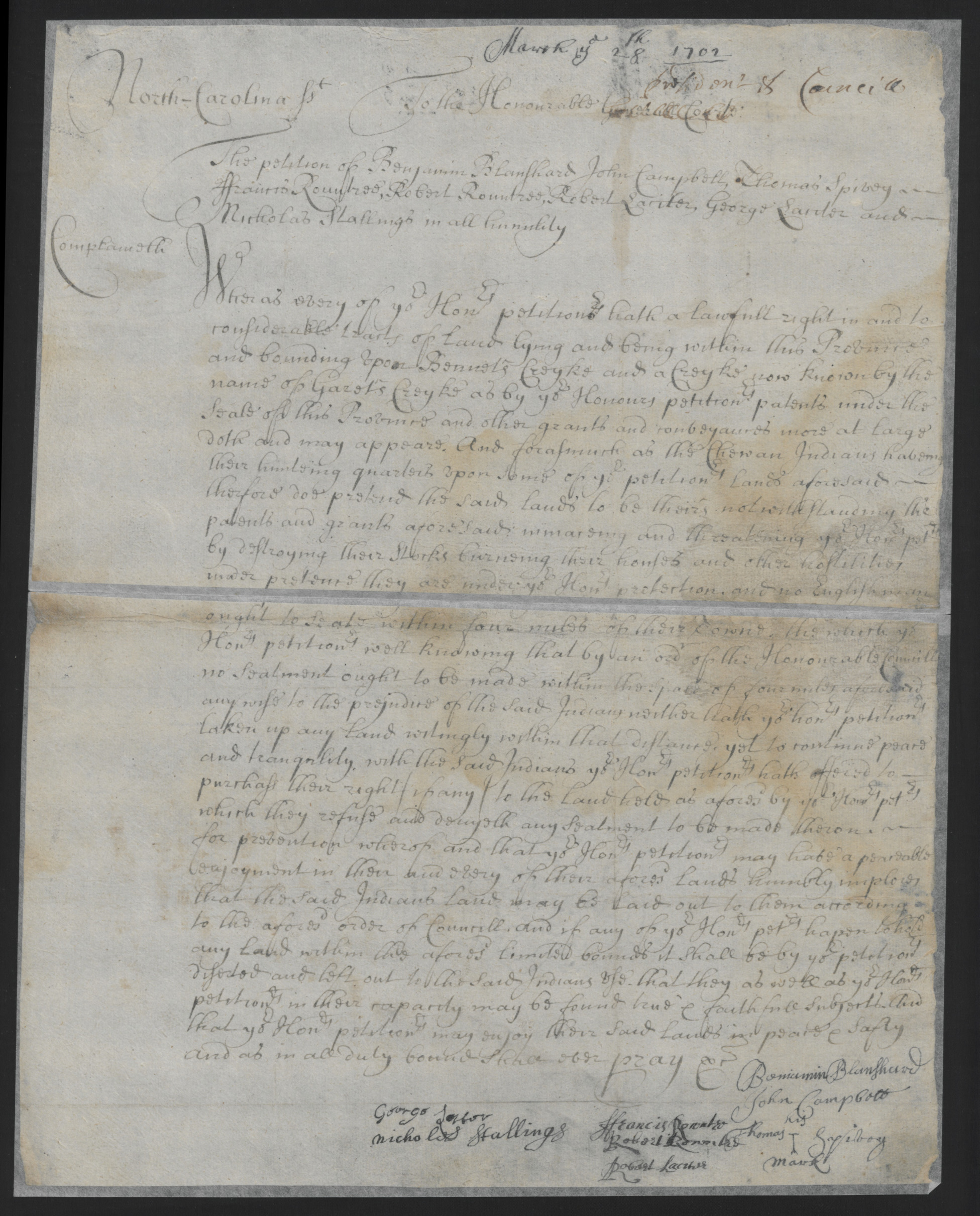 Petition of Benjamin Blanshard et al. Against the Chowan Indians, 28 March 1702, page 1