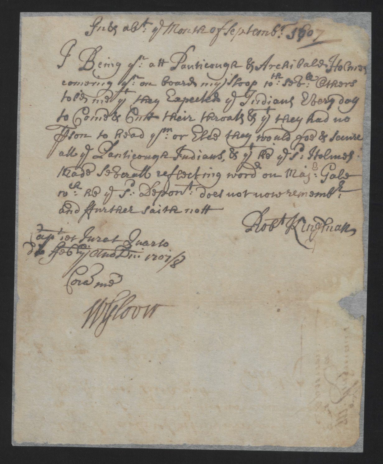 Deposition of Robert Kingsman, September 1707, page 1