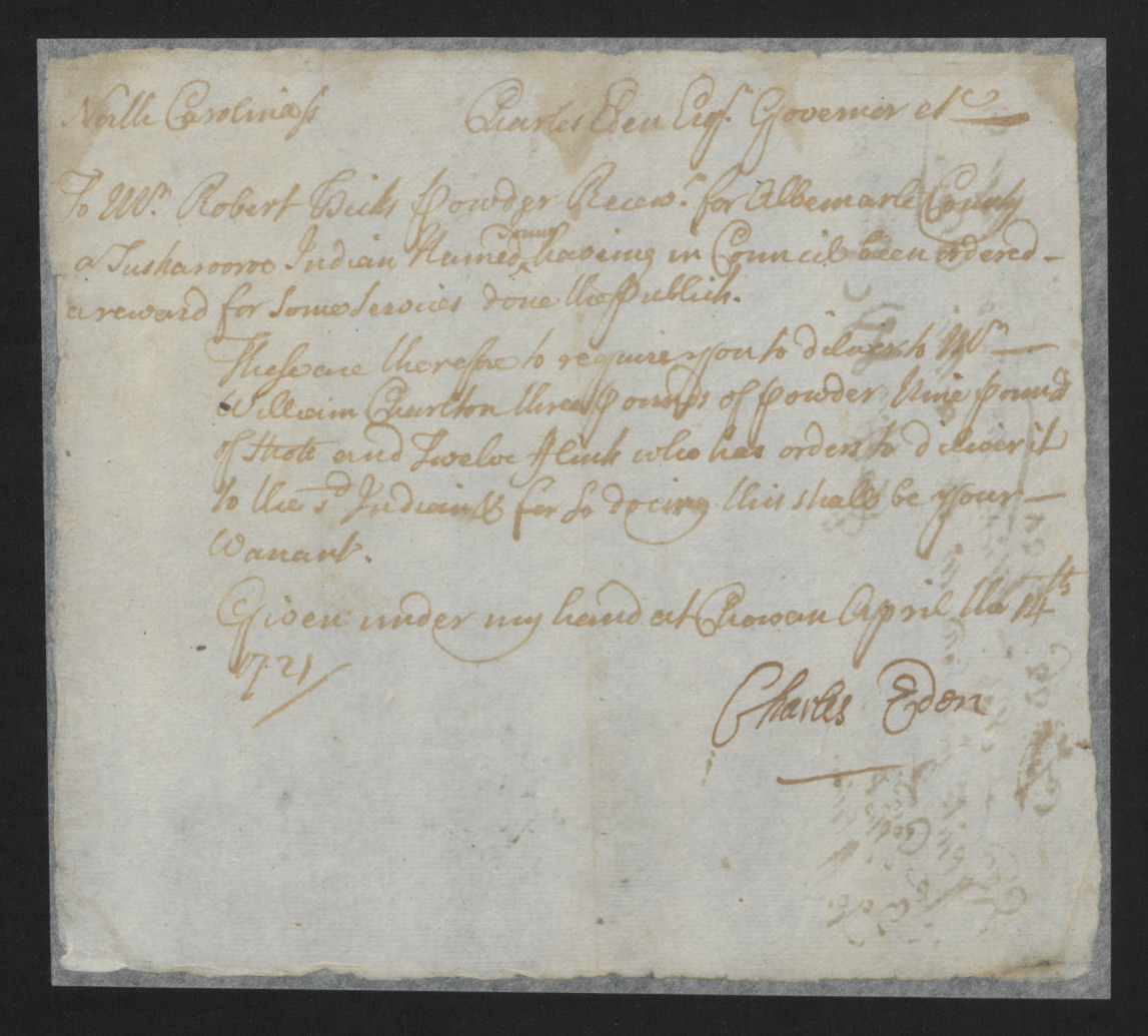 Order from Charles Eden to Robert Hicks, 14 April 1721, page 1