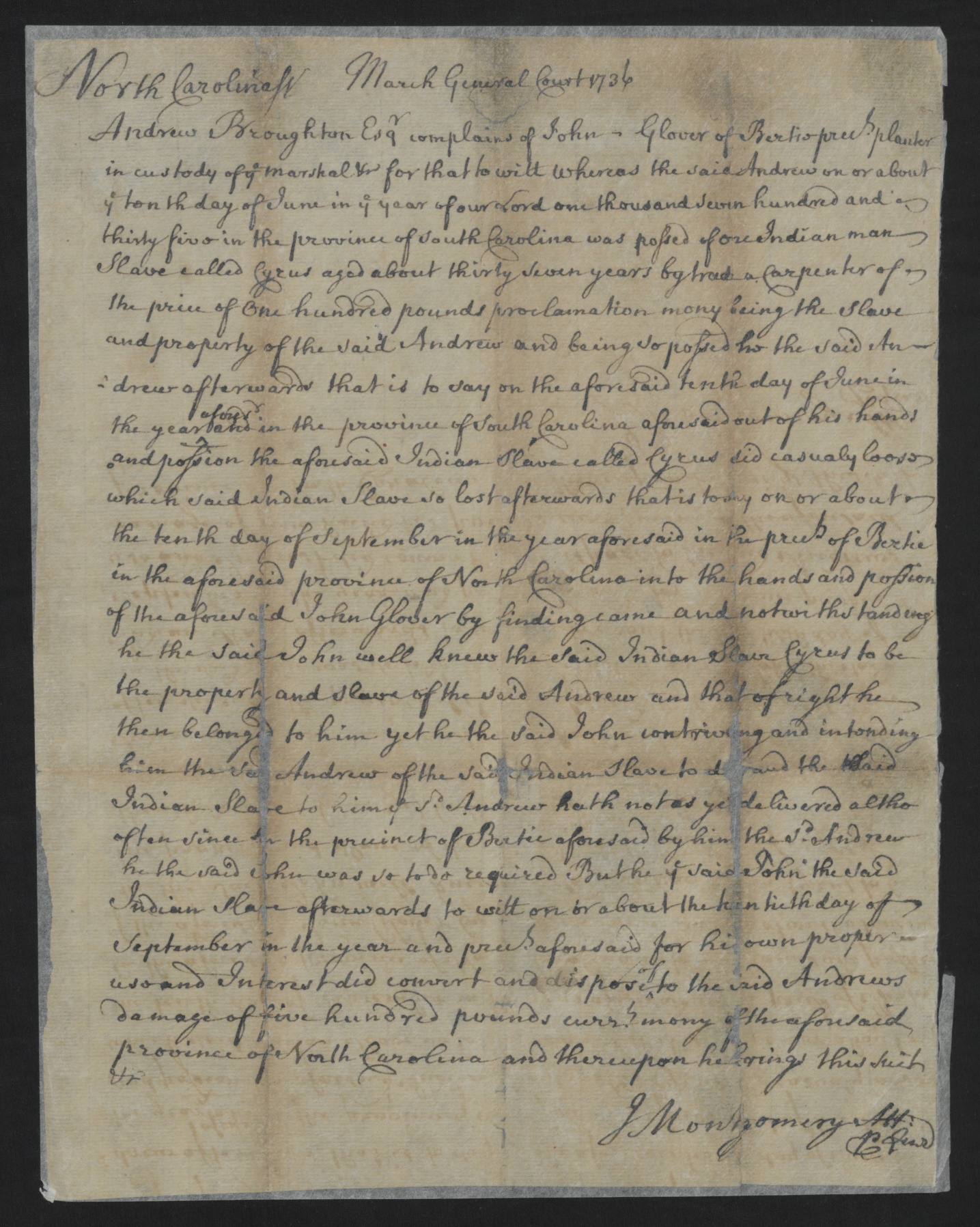 Complaint from Andrew Broughton against John Glover, March 1736, page 1