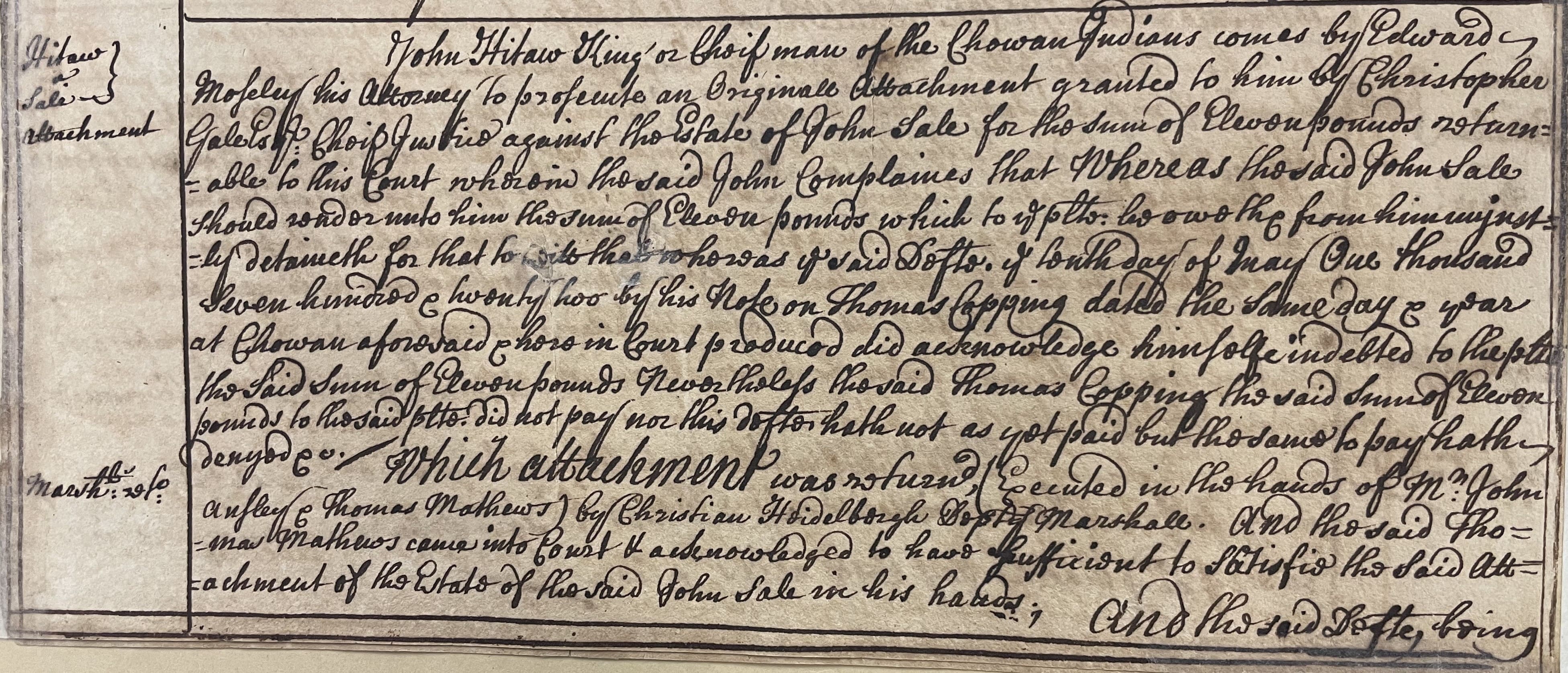 Court Proceedings in the Case of John Hitaw vs. John Sale, 23 March 1723