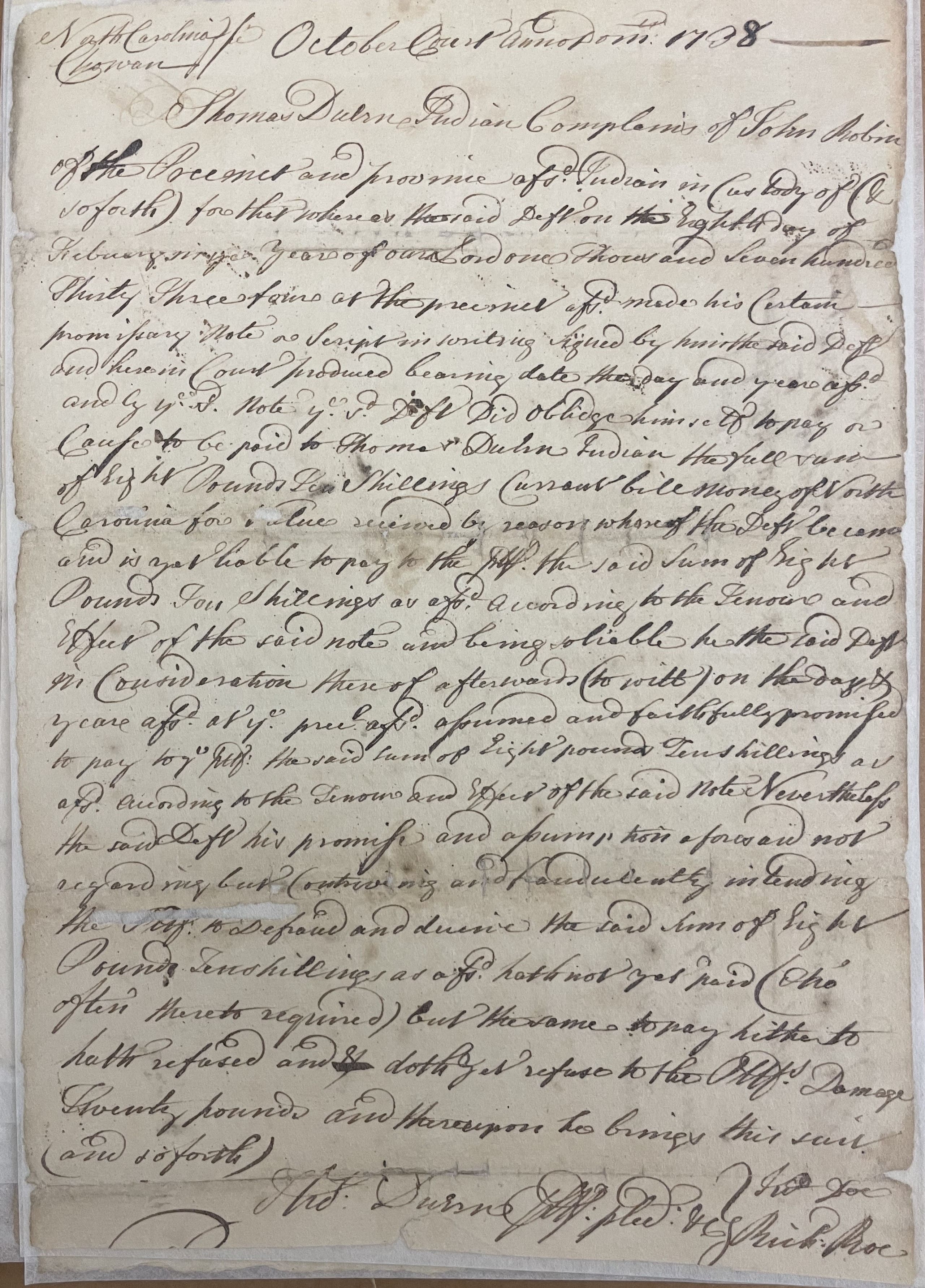 Complaint from Thomas Duren against John Robbin, October 1738, page 1