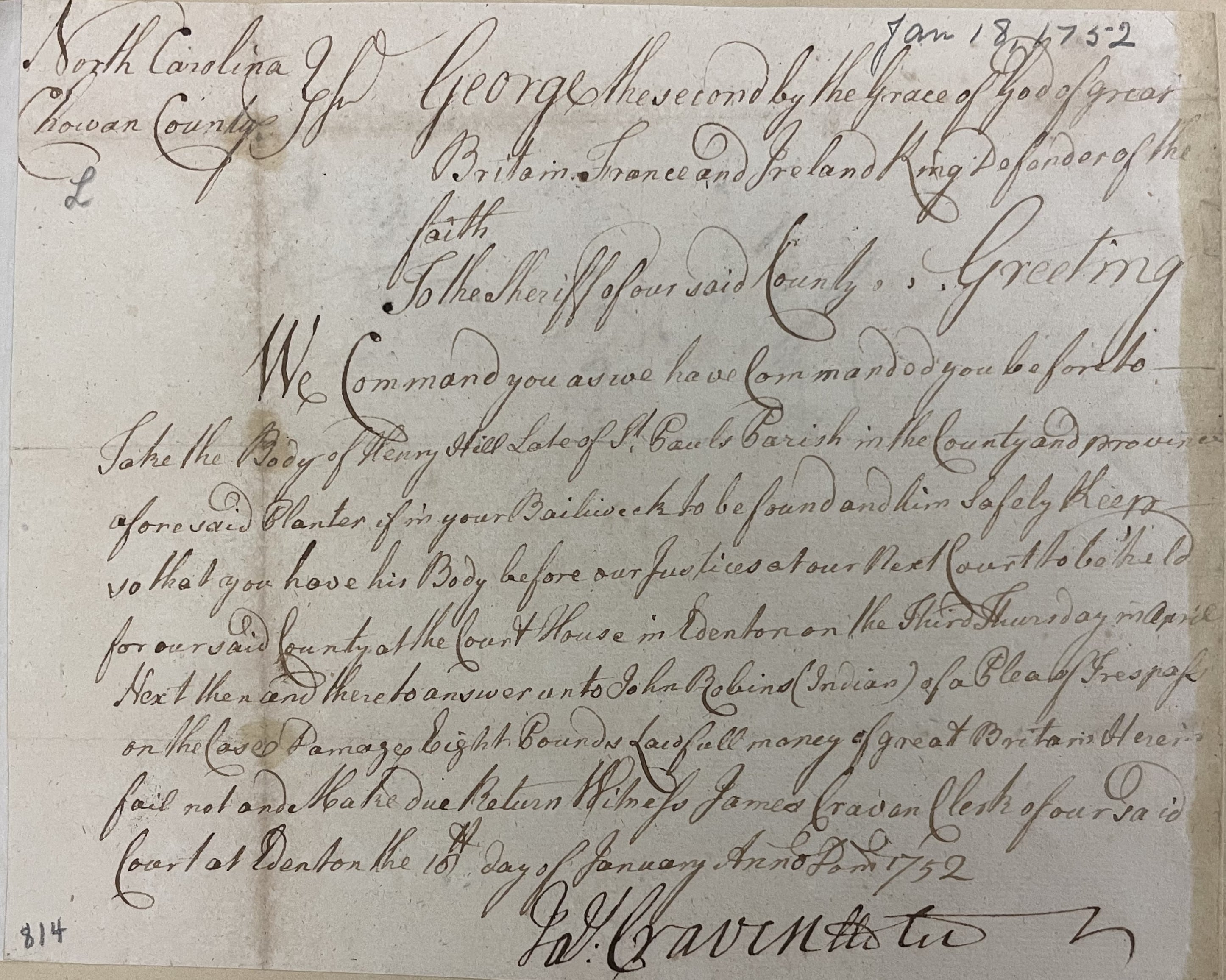 Warrant from James Craven to James Benbury for Henry Hill, 16 January 1752, page 1