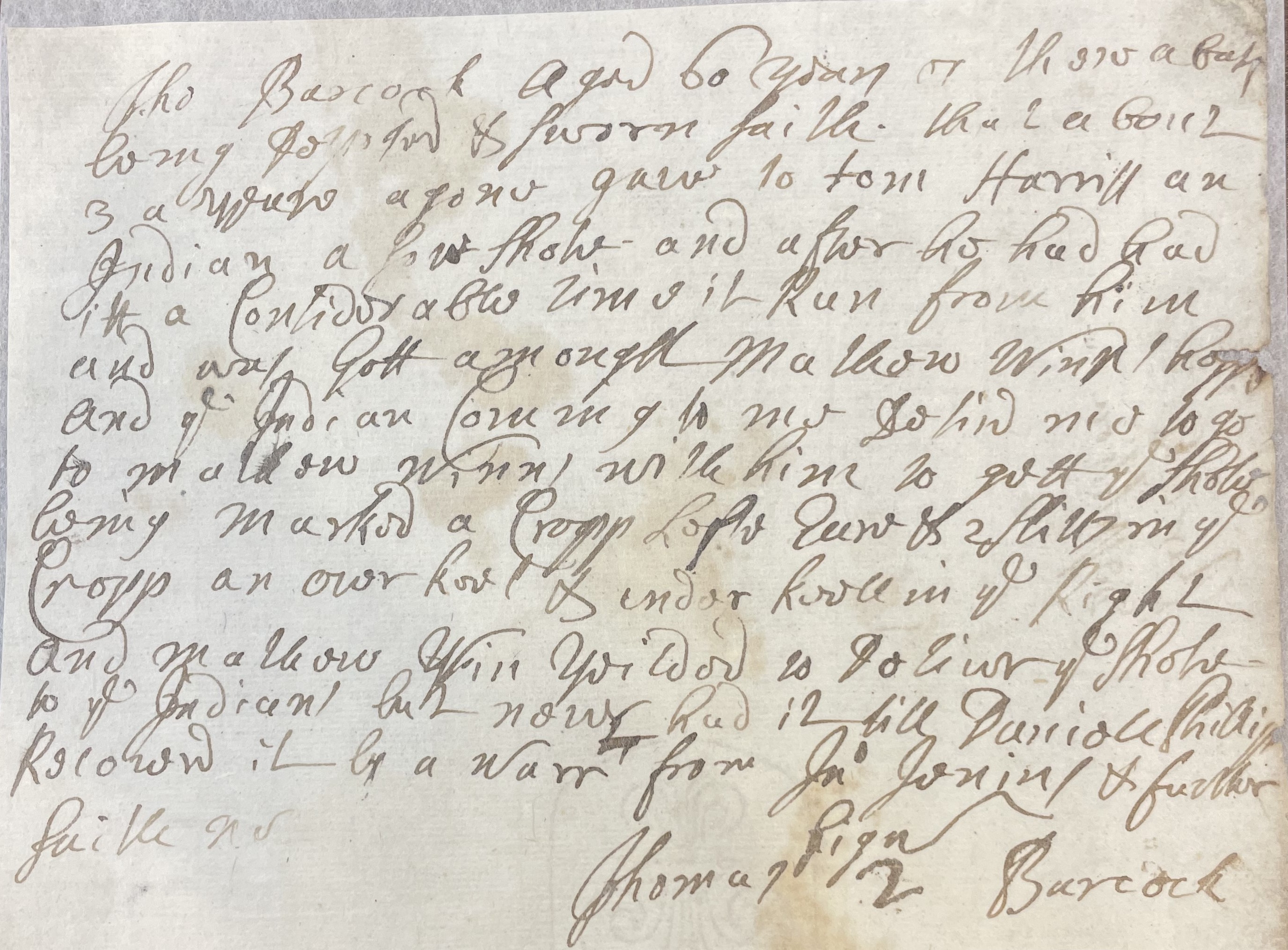 Deposition of Thomas Barecock, circa March 1703, page 1