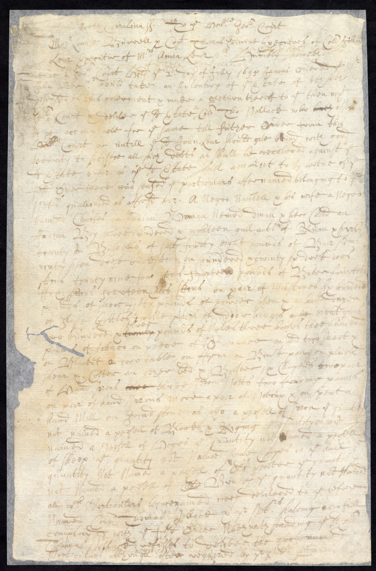 Petition from Lewis Burwell and Thomas Godwin to the North Carolina General Court, circa April 1697 , page 1