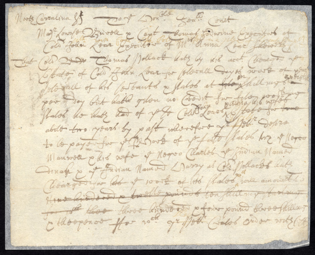 Petition from Lewis Burwell and Thomas Godwin to the North Carolina General Court, circa April 1697, page 1