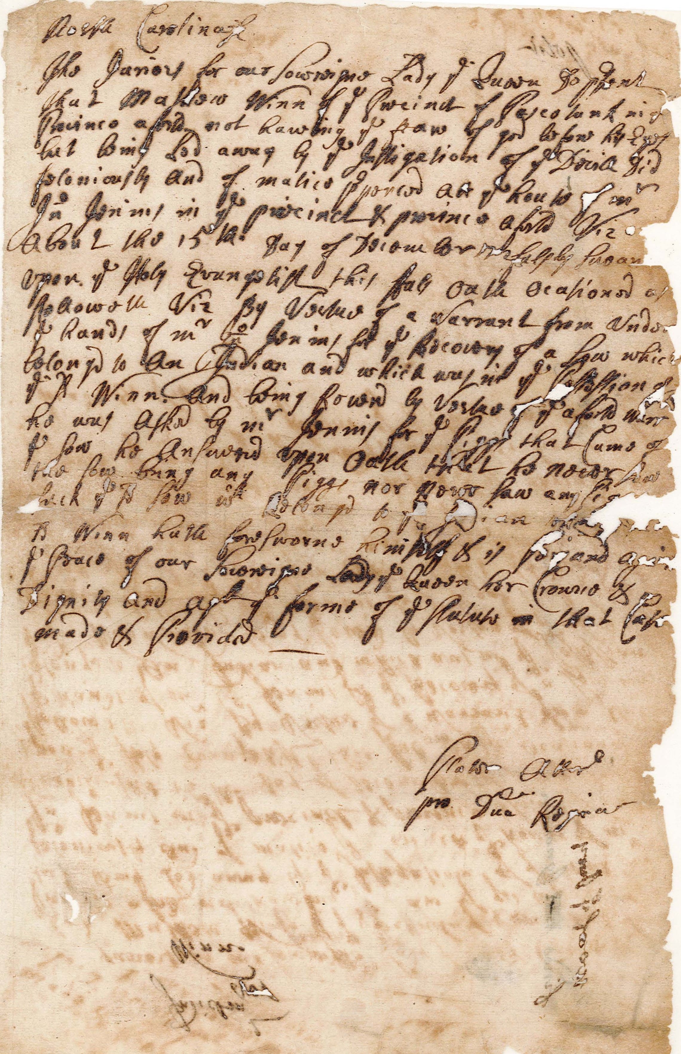 Indictment Against Mathew Winn, circa March 1703, page 1