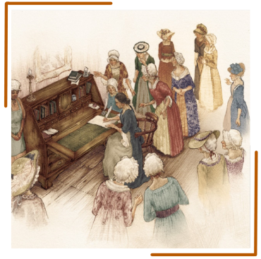 Illustration of a group of women signing the Edenton Tea Party Resolves