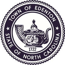 Seal of the Town of Edenton, a blue and white circular seal with a teapot in the center