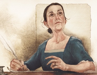 Illustration of a woman in colonial dress holding a quill pen