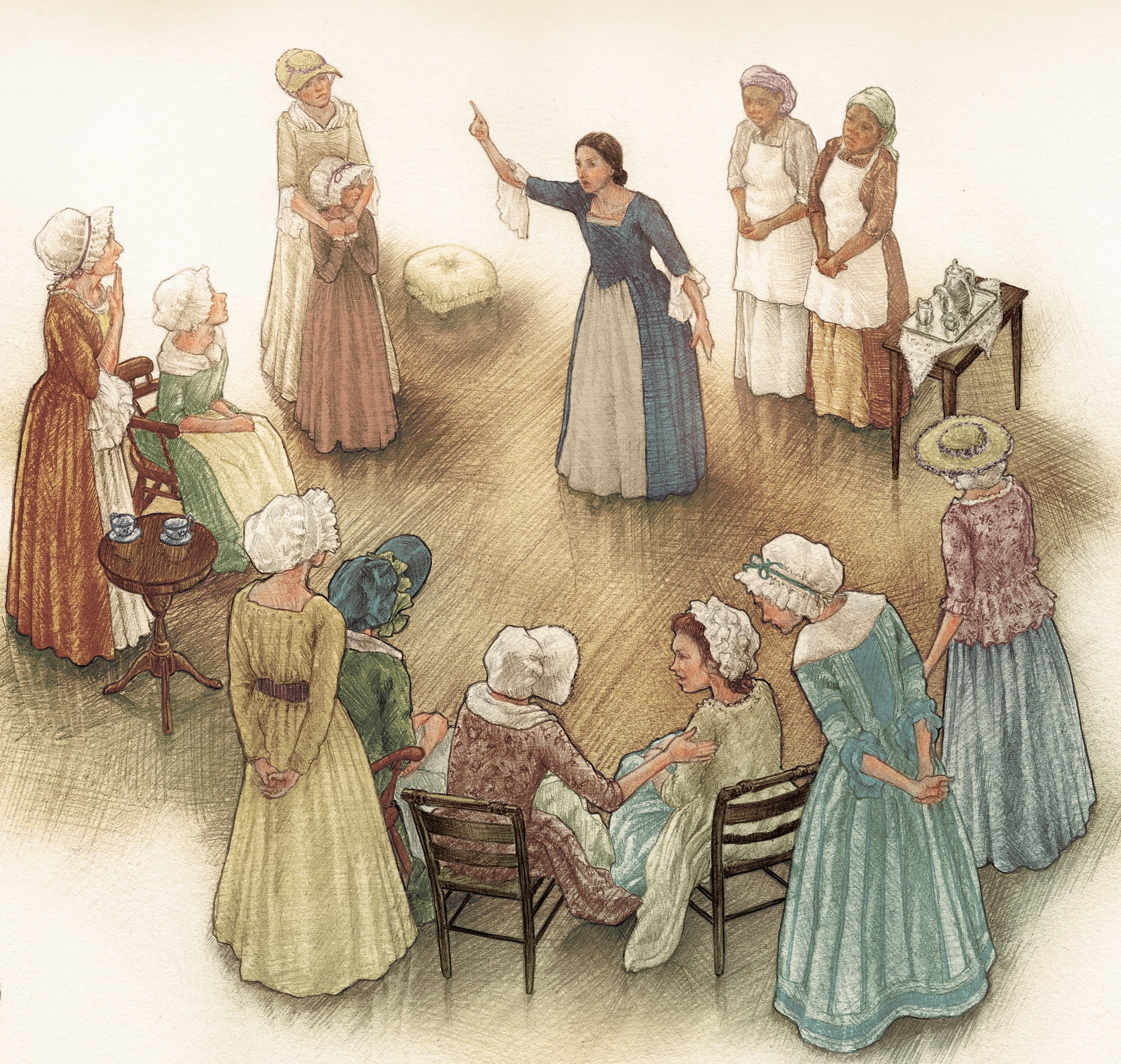 Illustration of a group of women in colonial dress gathered in a circle listening to a speaker