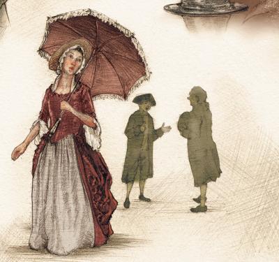 Illustration of a woman in colonial dress holding a parasol