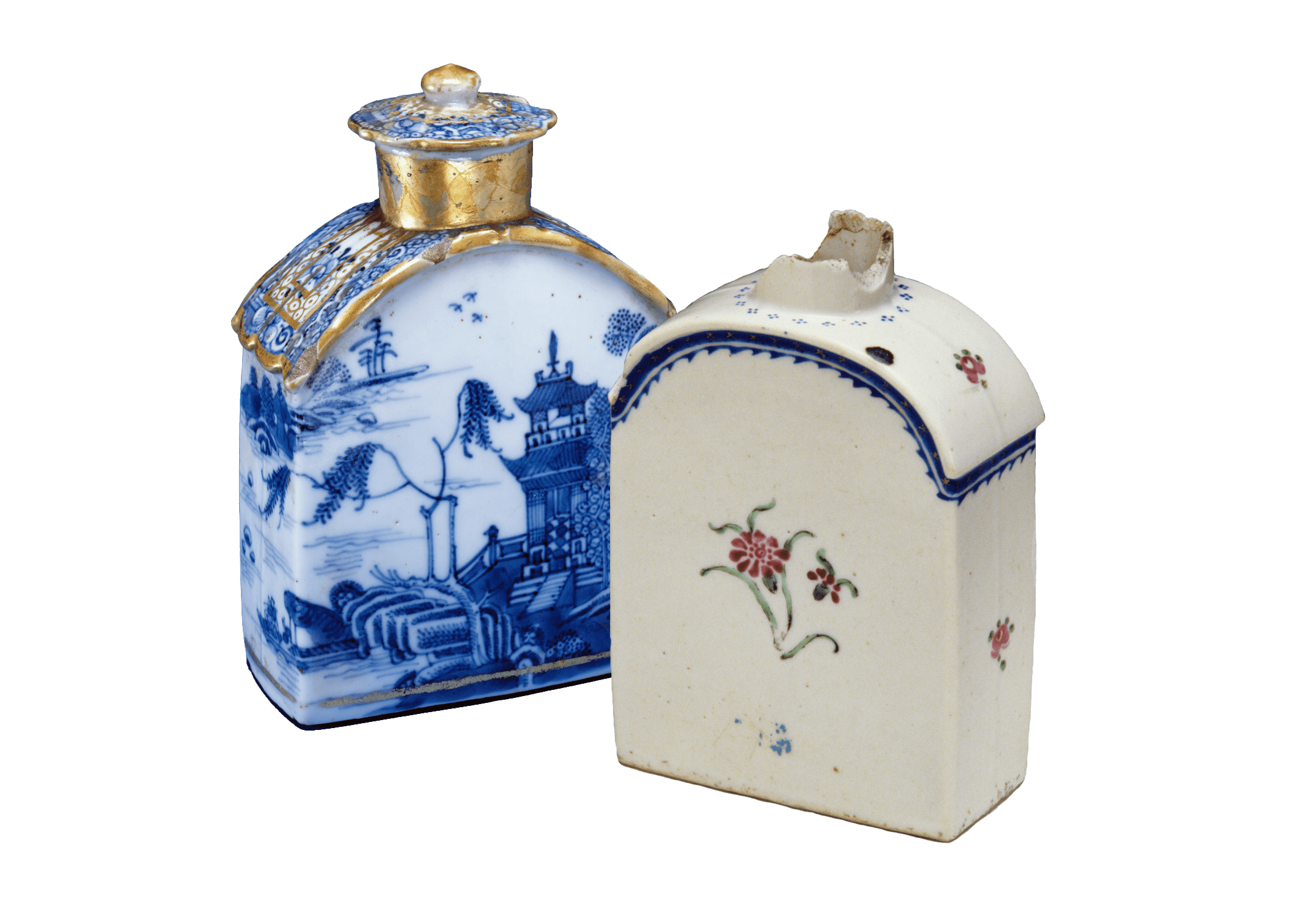 Photograph of two ceramic blue and white tea caddies